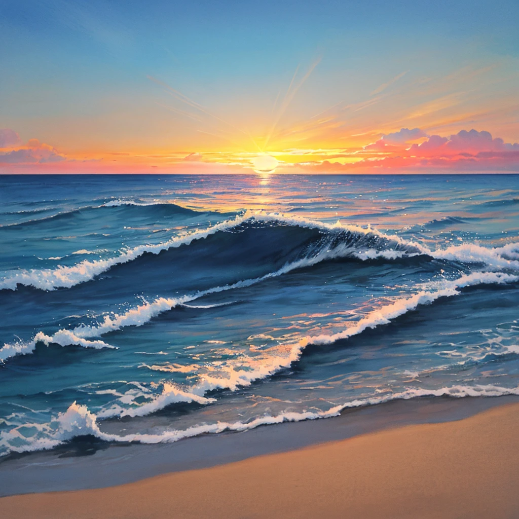 calm seas, Crystal clear water, white sand, taken, (the sunset: 1.2), ((natural lightting)), Clear focus, (shot from afar: 1.1), aquarelle, painting of a, (夏天: 1.2), The incoming clouds, horizon