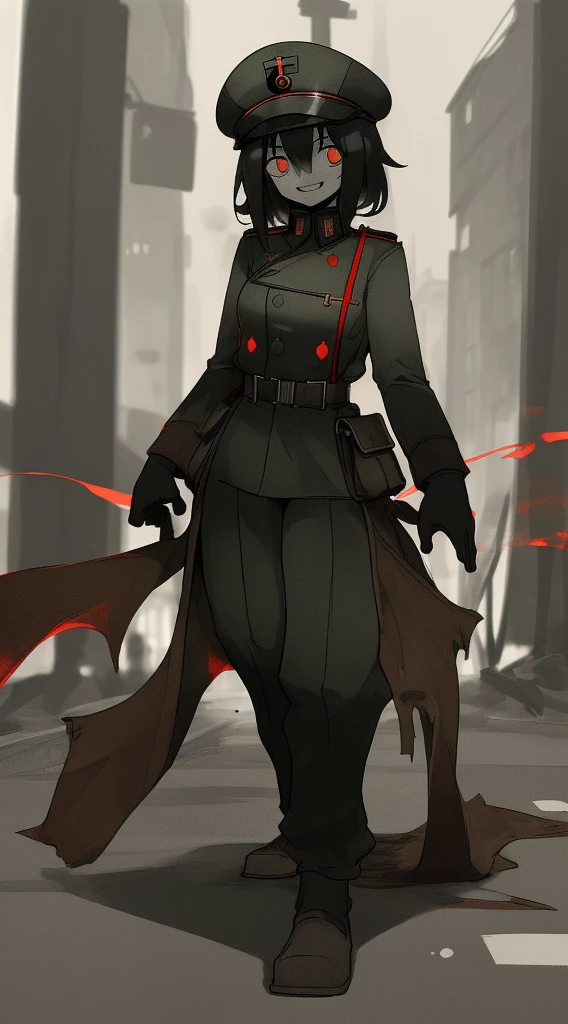 city ​​street,
Beautiful (fascism In fascist clothes and a fascist hat, Sadistic smile.:1.2), opened mouth, RIP photo below, Short Messy Hair, deranged look, limited palette, blurry shading, Old military uniform, Full-length, gloweyes, Red, shows dominance