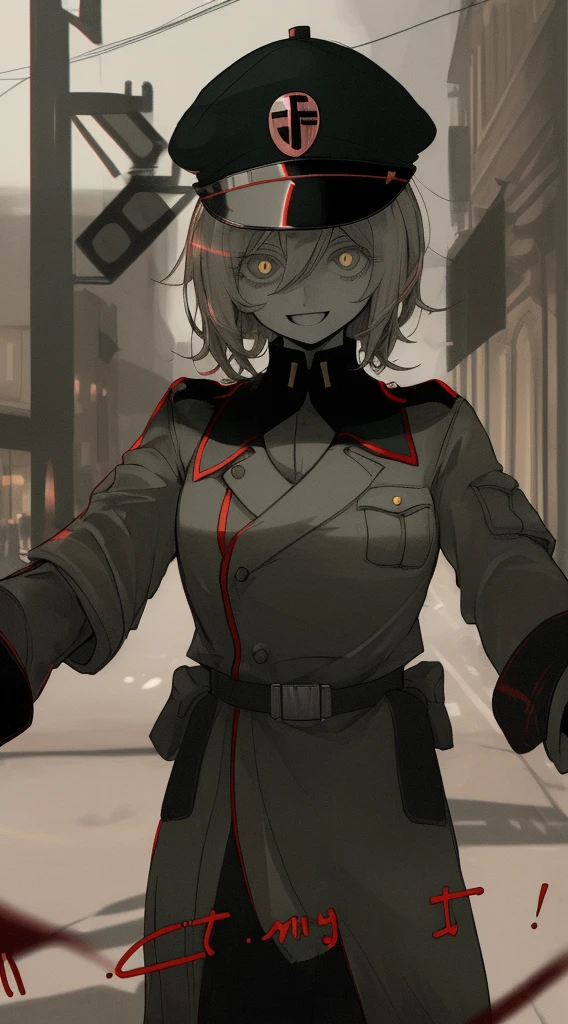 city street,
Beautiful (fascism In fascist clothes and a fascist hat, Sadistic smile.:1.2), opened mouth, RIP photo below, Short Messy Hair, deranged look, limited palette, blurry shading, Old military uniform, Full-length, gloweyes, Red, shows dominance