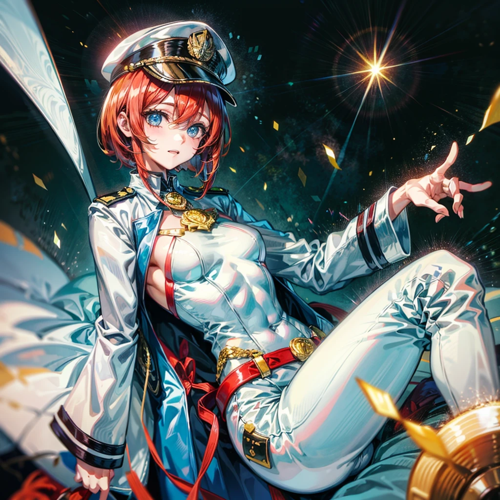(((masterpiece)))、(((top-quality)))、((highly detailed unity 8kwall-paper))、(Illustration of one woman)、30-years old、(Viceroy)、((Red-haired shorthair))、(Thin hair hanging down both sides of the face)、Blue eyes、((Tall))、((Muscle Woman、stocky build、muscular legs、broad shoulders、solid chest))、((Military uniforms))、((Military Cap))、((Military coat))、(white clothes)、(White pants)、(White cap)、trench coat、((Inside the spaceship))