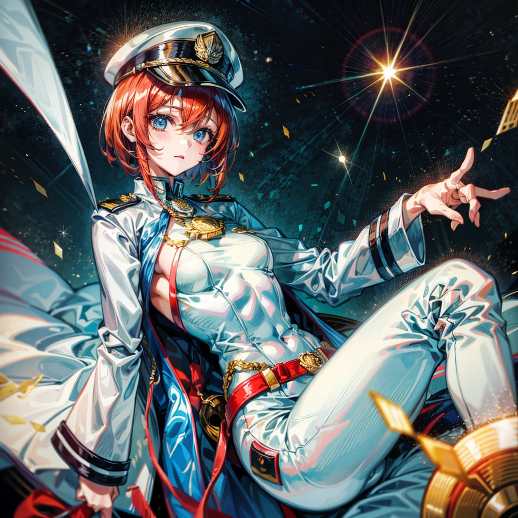 (((masterpiece)))、(((top-quality)))、((highly detailed unity 8kwall-paper))、(Illustration of one woman)、30-years old、(Viceroy)、((Red-haired shorthair))、(Thin hair hanging down both sides of the face)、Blue eyes、((Tall))、((Muscle Woman、stocky build、muscular legs、broad shoulders、solid chest))、((Military uniforms))、((Military Cap))、((Military coat))、(white clothes)、(White pants)、(White cap)、trench coat、((Inside the spaceship))