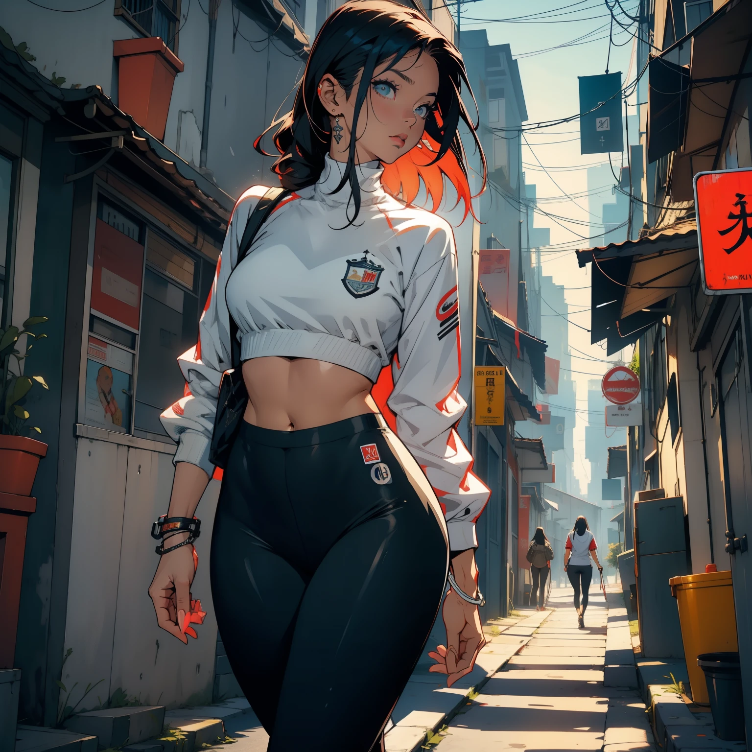 corpo bonito, rosto bonito, 3 garotas juntas, garota mais velha, cabelo VERMELHO claro, olhos, Neck strap, ombros, MOLETOM, legging pants, peito grande, barriga, cintura fina, pernas grossas, coxa grossas, random background scenario, olhando para telespectador, city background