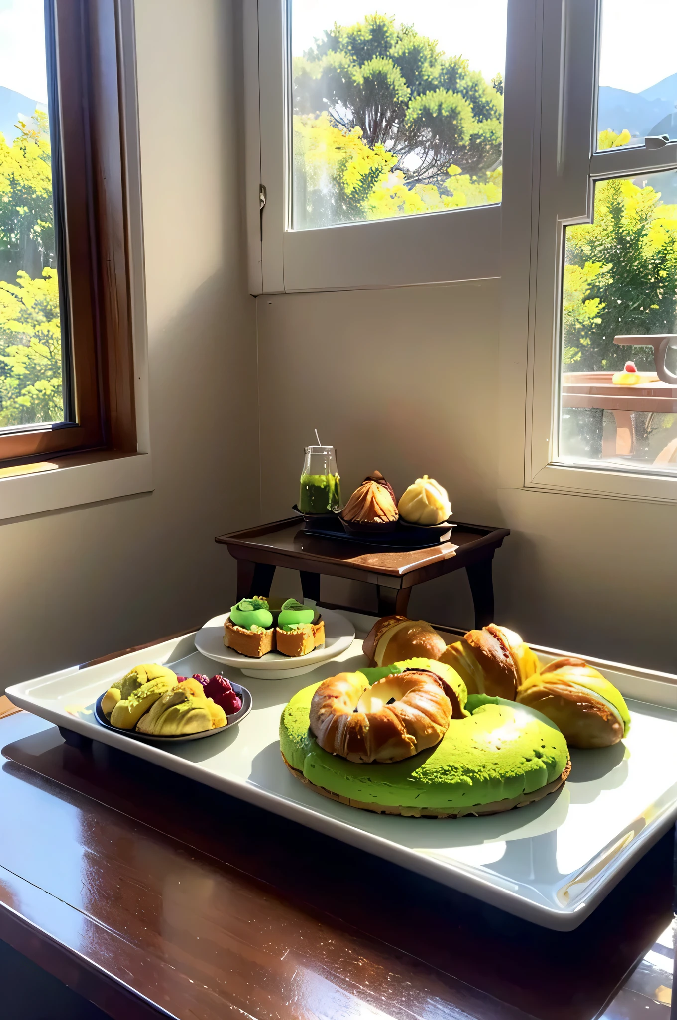 The background is a window,The sun shines through the window on the dessert,Dessert cake on tray,Behind the croissants is a mountain of matcha.,Croissants on tray,The sun shines,oda'There is a knife and fork next to it'and the sun was shining brightly