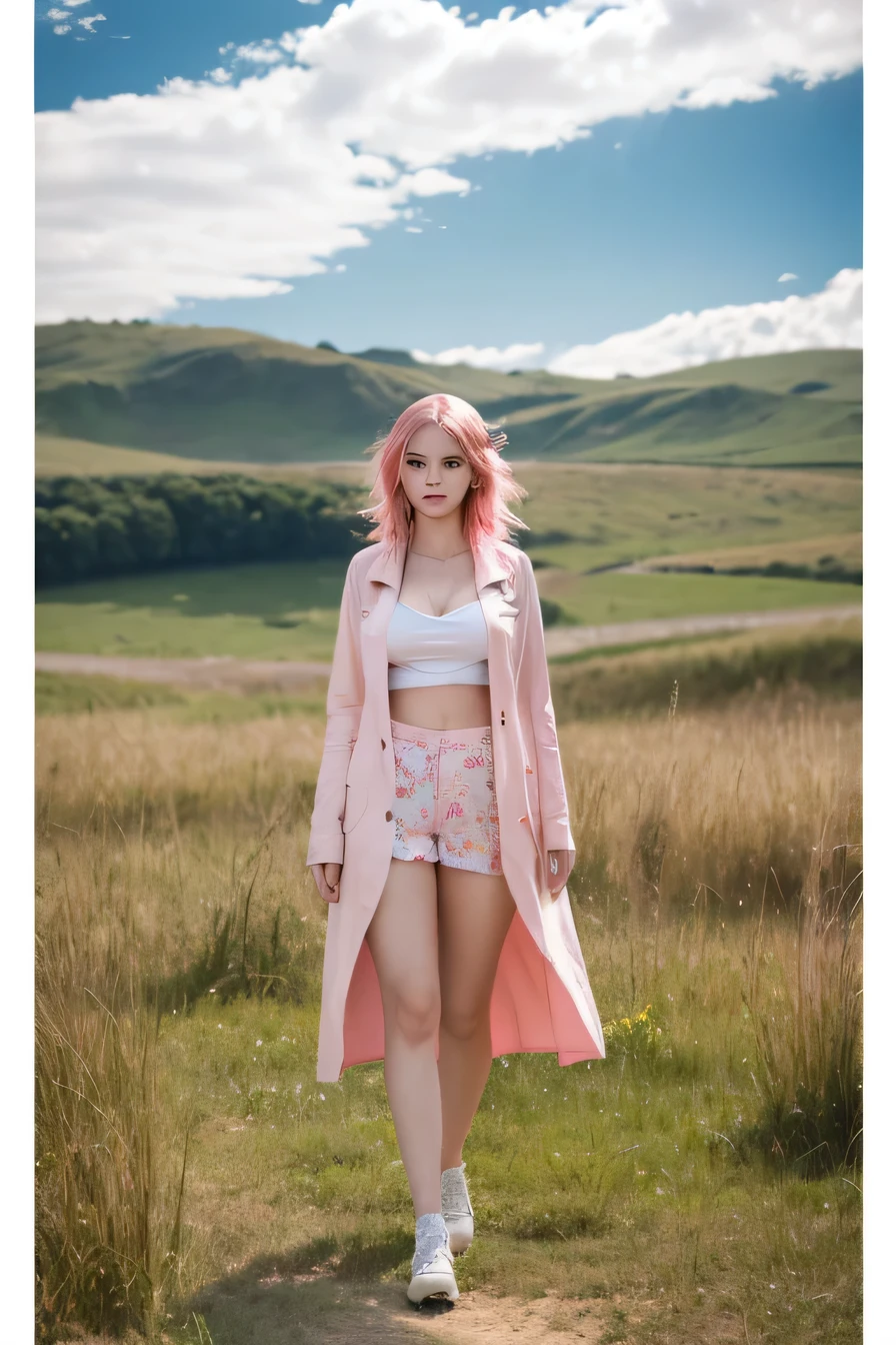 natural soft light, Surreal and hyper-detailed photography, with pink hair, a two-dimensional style, Cartoon material, Full body photo, good body, Standing outdoors on the grassland.