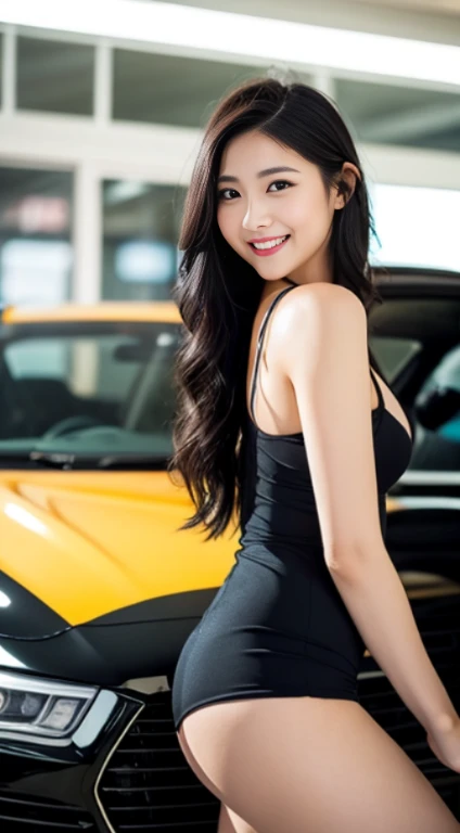 8K UHD, Digital SLR, Raw foto, Photorealistic, A hyper-realistic, cinematic lightening, detaileds, detaileds skin, High quality , Tamron SP 70〜300mm F/4-5.Photos taken by 6,top-quality, Breasts and thighs slightly visible, 超A high resolution, Slim waist, Lovely smile, 非常にdetailedsな顔, detaileds唇, detailedsに描かれた目, 二重まぶた, Long Black Hair, black haired deity, Magnificent sports car exhibition, bright and cheerful atmosphere, Lovely eyes, (racing model), racing modelのコスチューム, Colorful costume colors, model poses, (fully body photo,Bright and tight-fitting clothes, Sexy Fashion),(He is sitting on the hood of a car, looking at me and smiling.,(shot from the side)