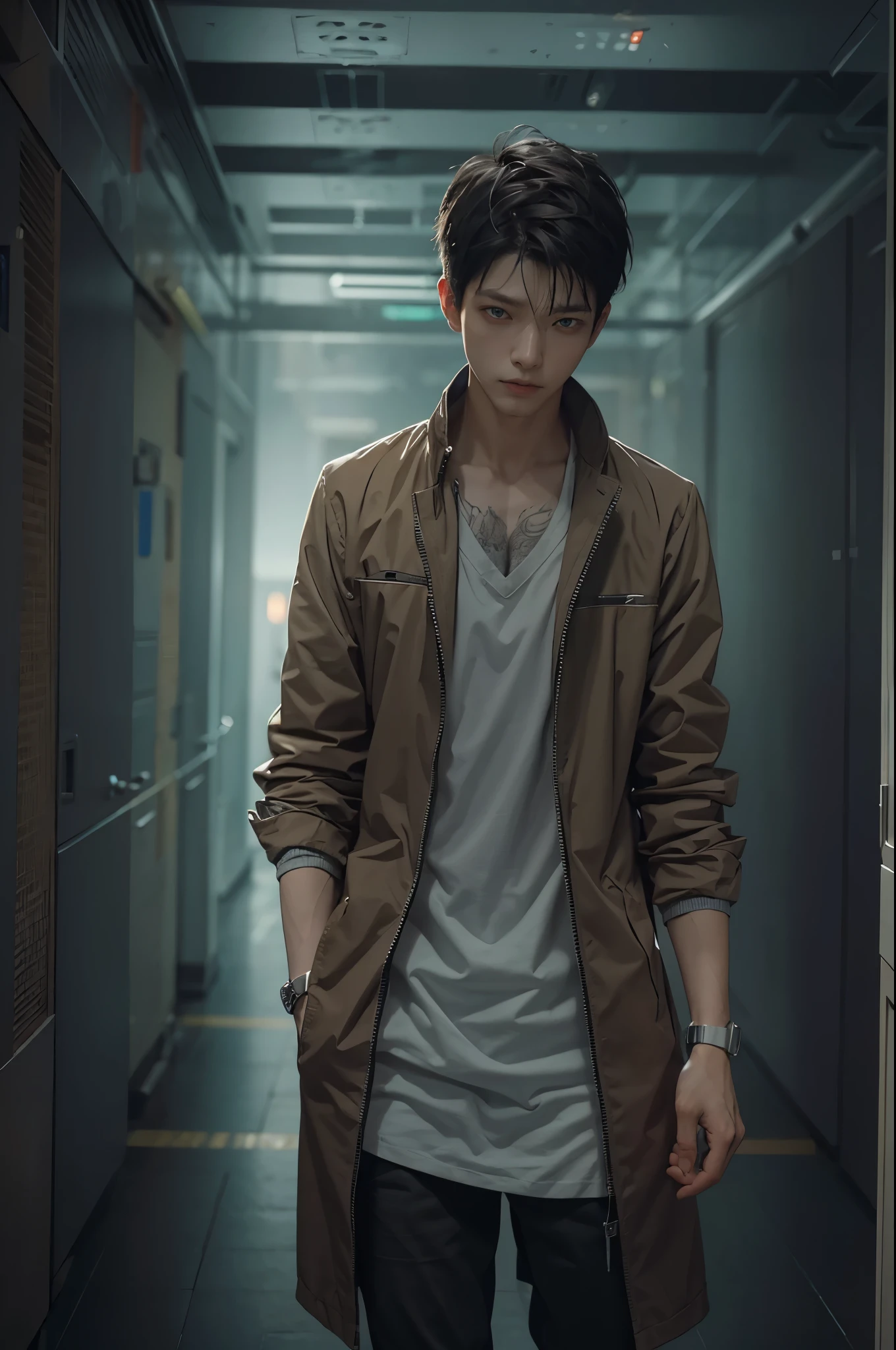 1 boy,psychopath,身穿psychopath的服装,upperbody closeup,Different colors of eyes have different colors,delicated face,Dark mental hospital corridor background,Alone,Best quality,tmasterpiece,8K,unreal 5 render