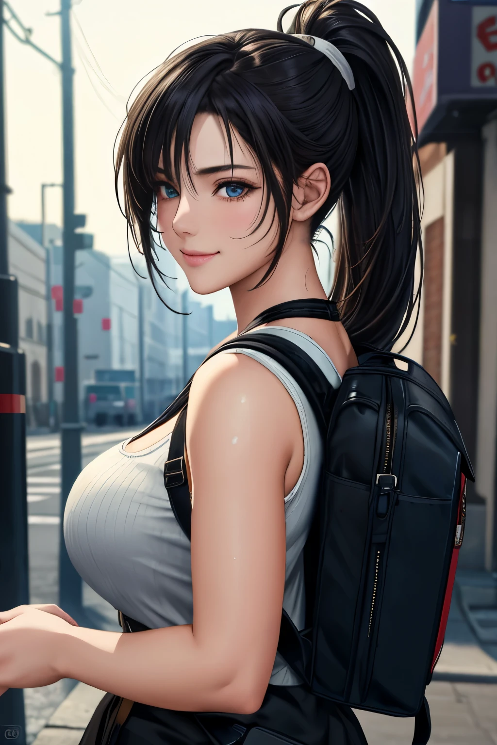 fashion style, masterpiece, best quality, 8k, artstation, sharp focus, (ultrarealistic:1.5), (high details:1.4), raw photo of a young woman, street smiling, backpack, ponytails, faded, complex stuff around, intricate background, soaking wet, (Cinematic:1.4),