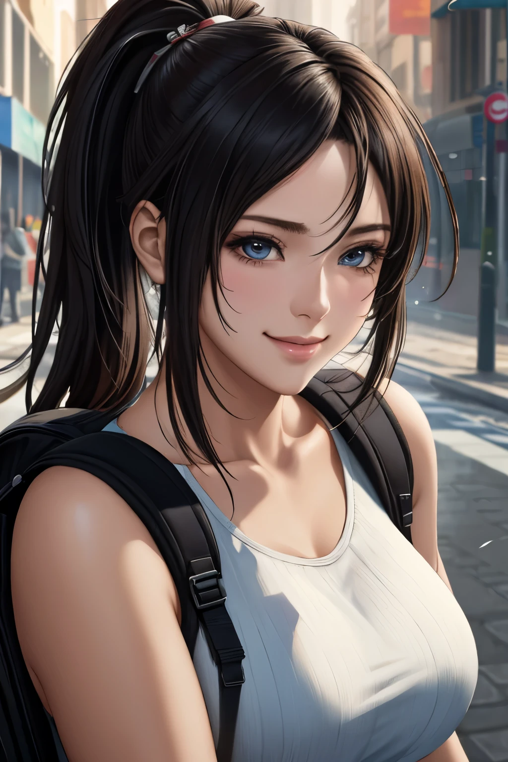 fashion style, masterpiece, best quality, 8k, artstation, sharp focus, (ultrarealistic:1.5), (high details:1.4), raw photo of a young woman, street smiling, backpack, ponytails, faded, complex stuff around, intricate background, soaking wet, (Cinematic:1.4),