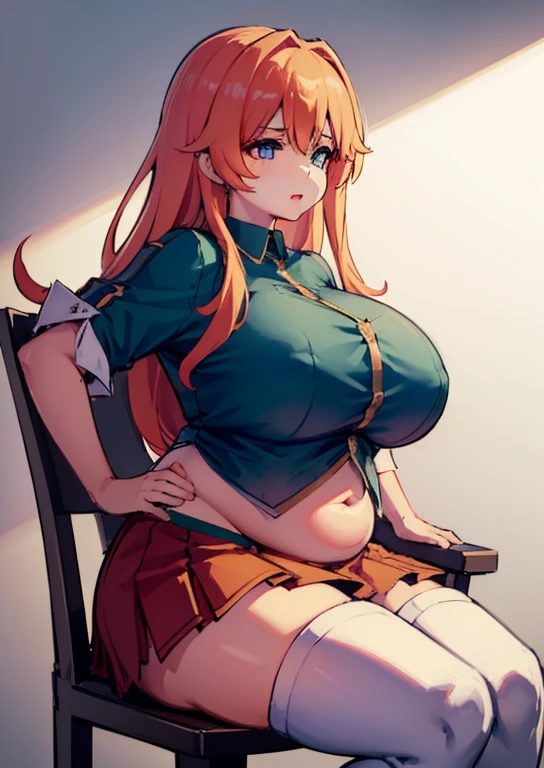 (masterpiece, best quality), 1girls, big belly, blurry background, huge belly, art by kipteitei, round belly, chubby, curvy, white button-up shirt, skirt, thighhighs, simple_background, gradient_background, belly bursting out of shirt, belly grab, enormous belly, fat belly, thicc, bigger belly, sitting on chair, really big belly, jiggly belly, shirt covering belly, belly cover by shirt