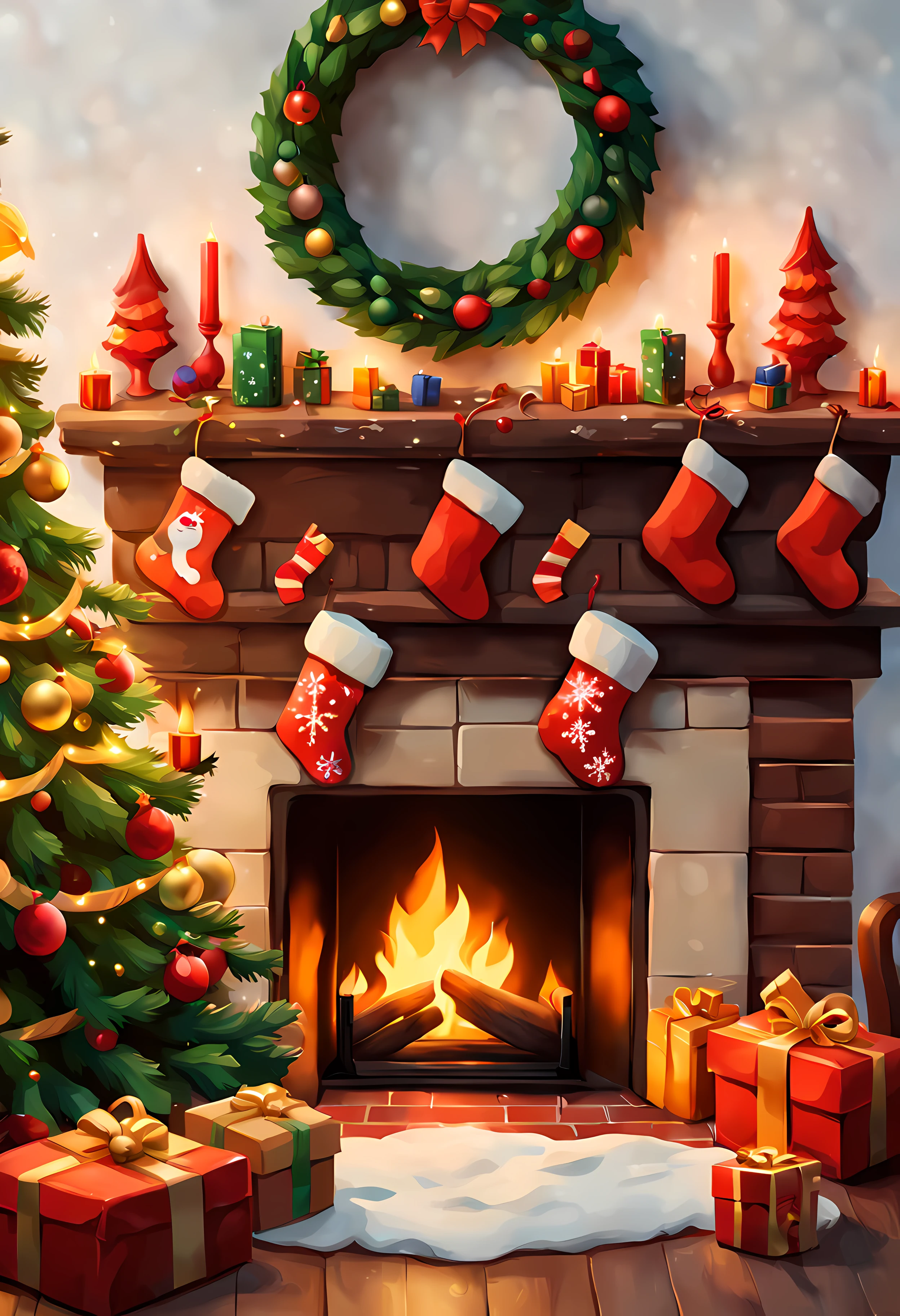 (Top-down view of a sticker). | Masterpiece in maximum 16K resolution. | A sticker of a cozy fireplace with stockings and presents, capturing the warmth and joy of Christmas. | A beautifuly adorned Christmas tree nearby the fireplace. | On a delicately decorated table. | More_Detai