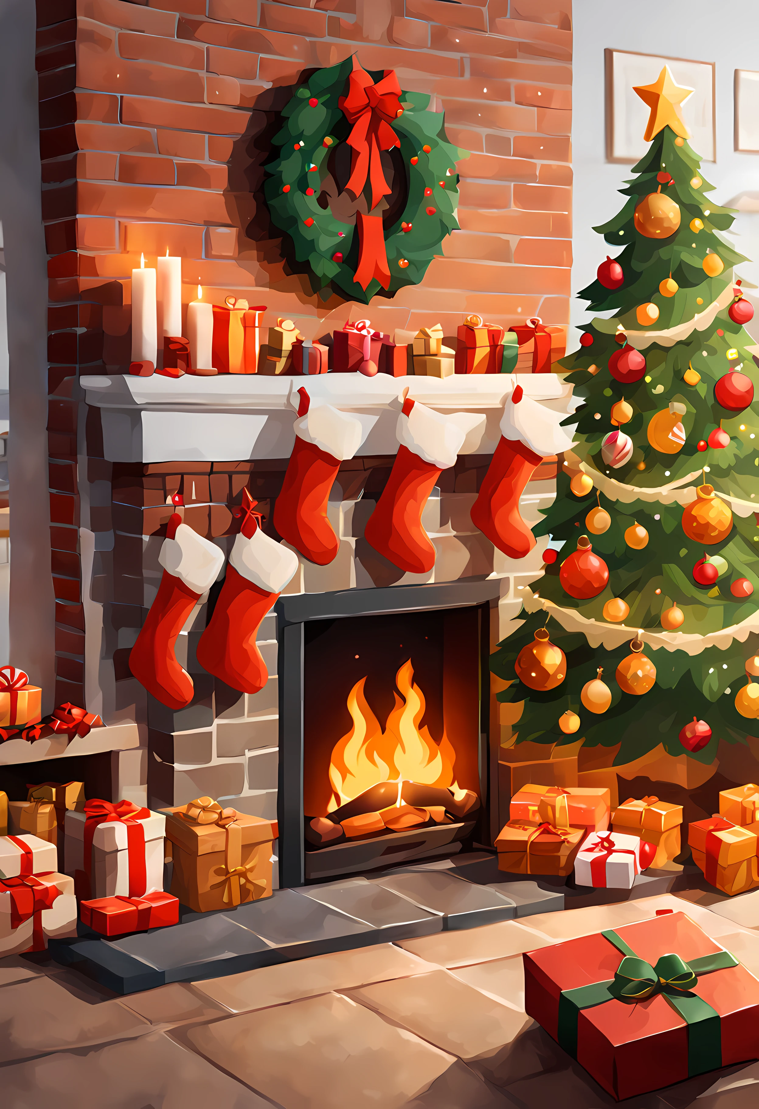 (Top-down view of a sticker). | Masterpiece in maximum 16K resolution. | A sticker of a cozy fireplace with stockings and presents, capturing the warmth and joy of Christmas. | A beautifuly adorned Christmas tree nearby the fireplace. | On a delicately decorated table. | More_Detai
