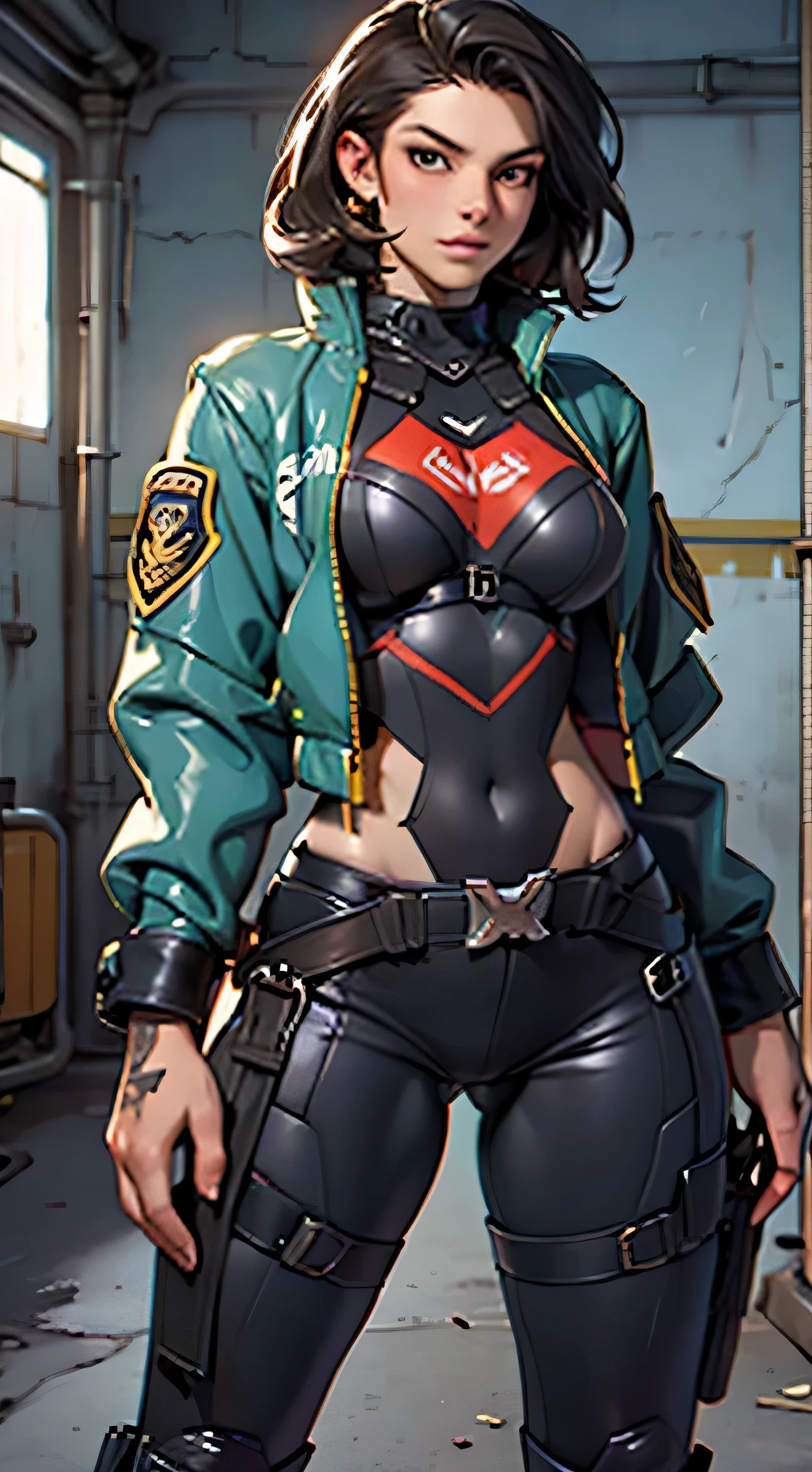 11:23(((Best quality: 1.4))),(Unbeatable masterpiece), (hyper HD),(Hyper-realistic 8k CG)、（dark colored hair） ((( body))), (((1 girl in))), 25-year-old American soldier with perfect body,,Beautiful and well groomed face,muscular body:1.2,Solid royal blue jacket with details, (Pictures from head to thighs)， Complex equipment, royal blue，long trousers，The clothes inside are dark，Clothes with armored metal electronic parts, Poison tattoos )