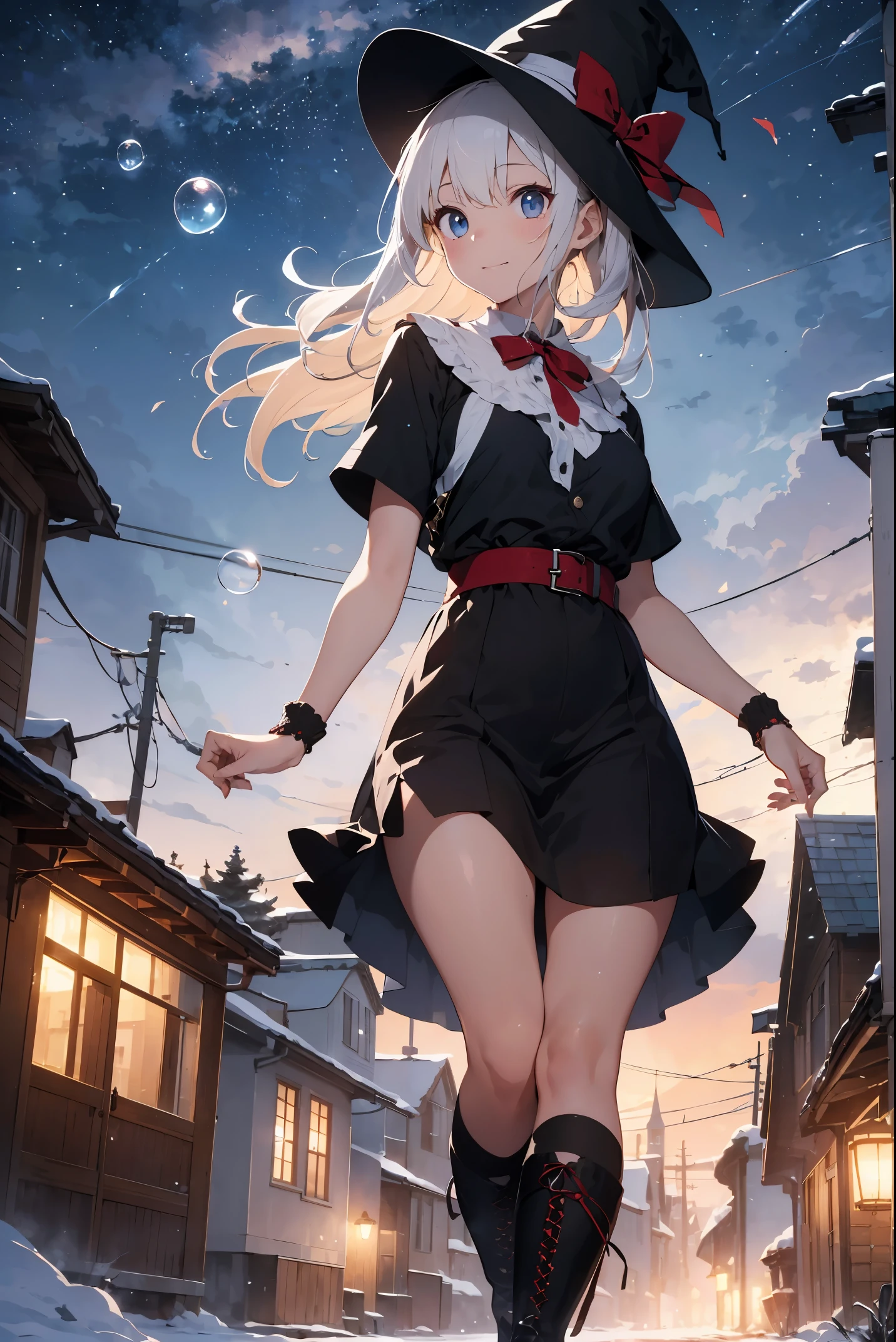 absurdres, absolutely resolution, incredibly absurdres, highres, ultra detailed, official art, unity 8k wallpaper
BREAK
1 girl, soro, neat, classy, beautiful girl, decent,
BREAK
"On a white Christmas night, a female witch with short silvery-white bobbed hair stands in front of Our Lady of the Cathedral as snow falls silently. Her large blue eyes sparkle mysteriously, and a light smile is on her face. Her witch dress is black with red accents, and she wears red boots and a black hat adorned with a red ribbon. Behind the cathedral, illuminated lights sparkle, harmonizing with the pure white snow to create a warm scene.
BREAK
The woman's palm gently captures a cluster of fluorescent particles dancing around her, from which delicate bubbles are formed and float in the air. The bubbles emit a fantastic light and sparkle as if they are magic bubbles. The spires of the cathedral are illuminated by the moonlight, their majestic silhouettes glowing in the night sky.
BREAK
This illustration represents a miraculous moment of a white Christmas, where mystery and warmth intersect."
BREAK
This prompt is intended to produce an illustration that is magical, warm, and evocative of a white Christmas.
