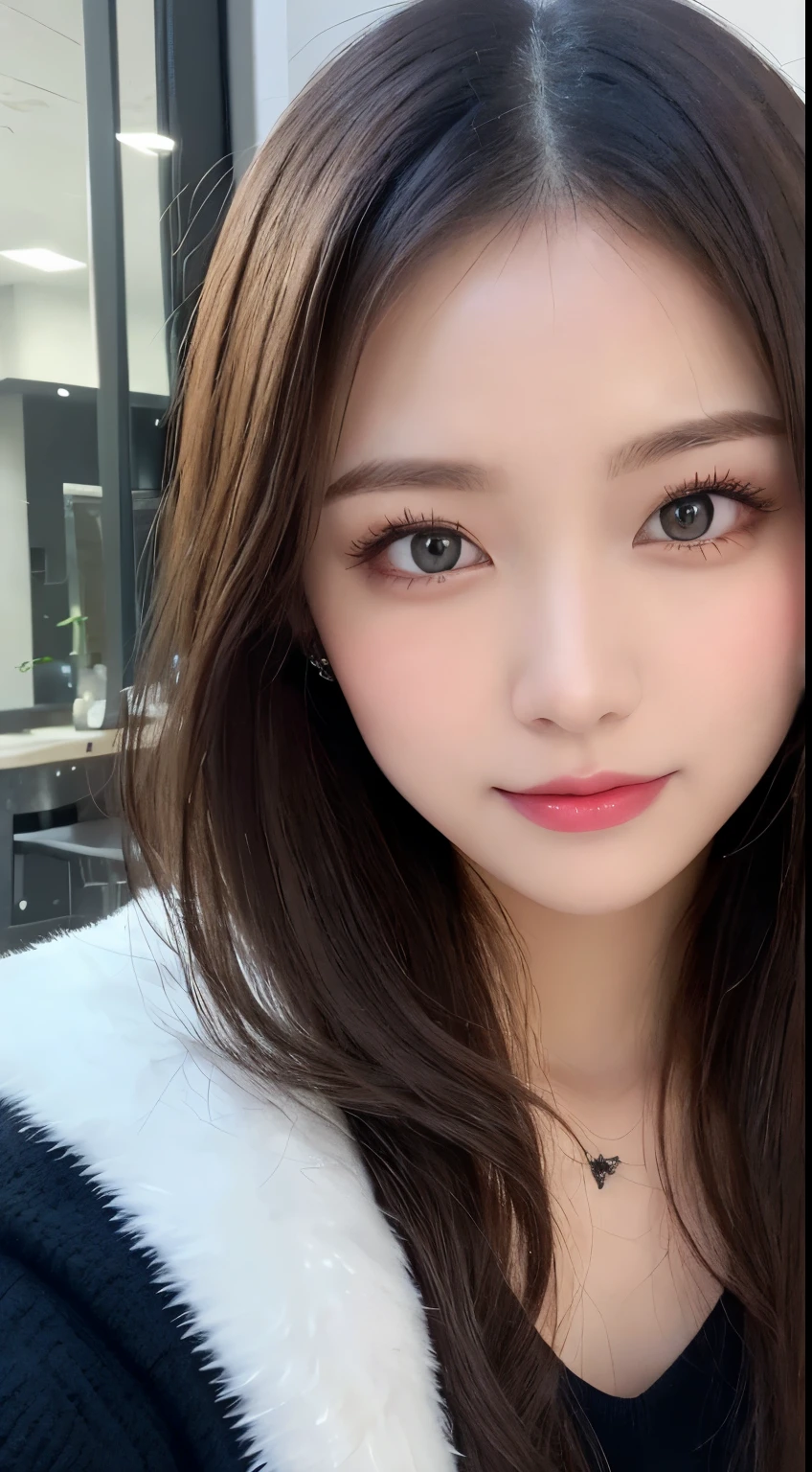 masutepiece, Best Quality, Illustration, Ultra-detailed, finely detail, hight resolution, 8K Wallpaper, Perfect dynamic composition, Beautiful detailed eyes, Gorgeous black fluffy Tokyo winter clothes,random cute hair,small tits,Natural Color Lip, Bold sexy poses,Smile、20 years girl、Cute、Sexy shot looking at camera,Always blur the background,Perfect and beautiful face,Take only the face,beautiful and detailed face、slim face and style,Big eyes、Do gal makeup