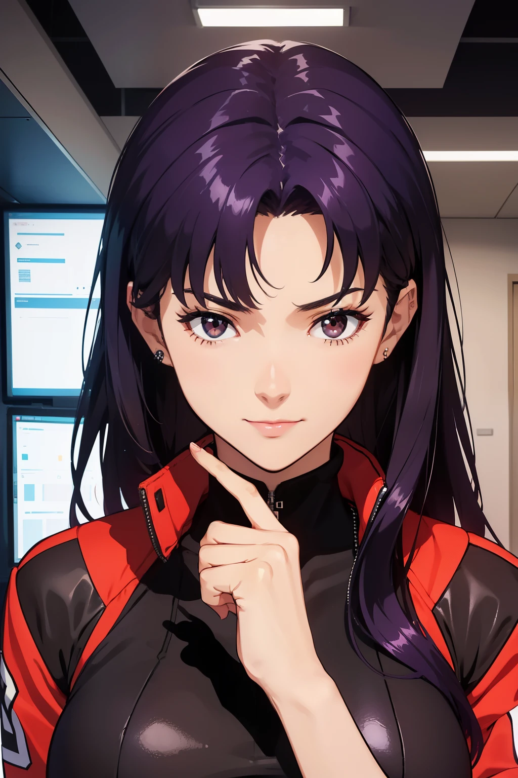 1womanl, attire: Black Bodycon,middlebreast、 short black tight dress, (((brown-eyed))), Purple hair, Medium Hair, a smile, cross necklace, tall, Slim body, (nffsw), (((Misato katsuragi))), NERV、Operation control room, (((Front view))), Looking at Viewer, Perfectly detailed face, fully detailed hands and fingers, Masterpiece 1.1, Trending on ArtStation, pixiv quality, (((fine art:chin))), Intricately detailed, ultra graphics, SFW version, (((Mature 1.1))), attire: jacker, Red jacket, Symmetrical face、