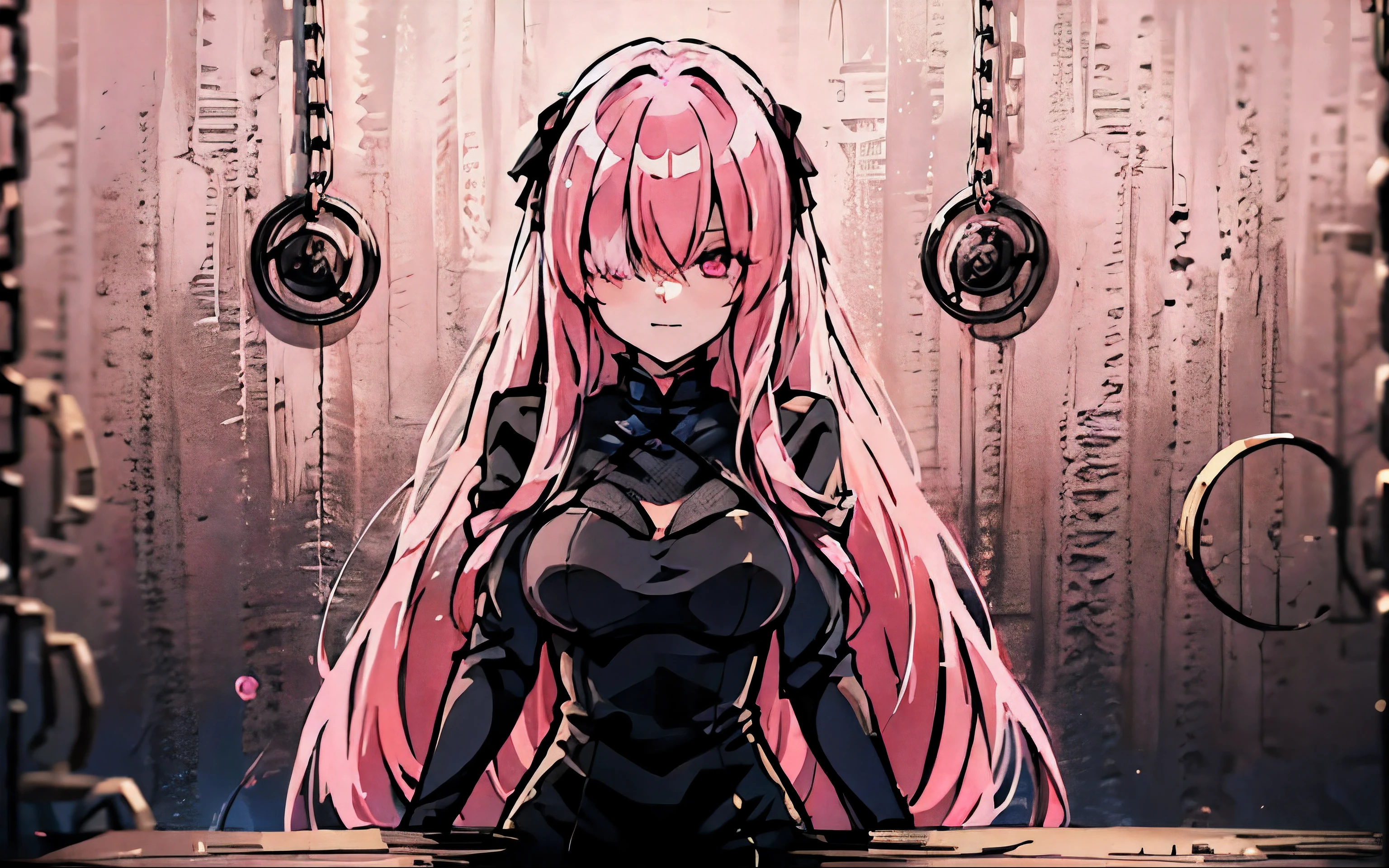 Chains background , Wallpaper, 1girl, (Banshee), Black dress, Very long hair, Pink hair, Light pink eyes, Hair over eyes,