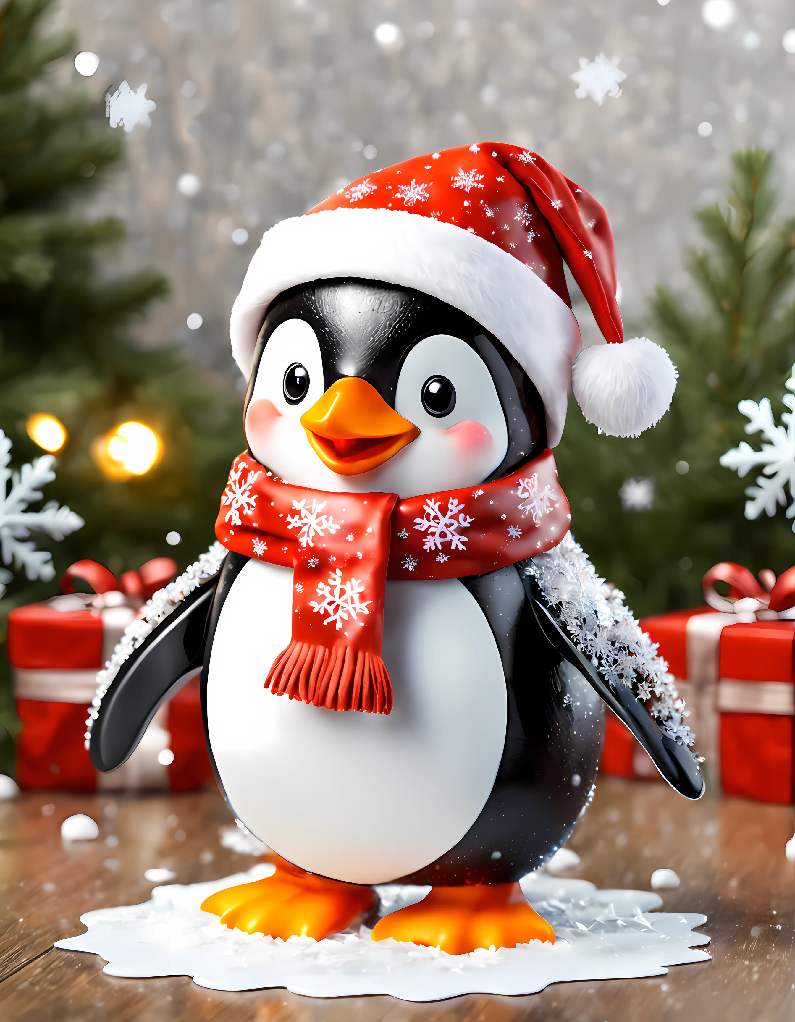 (sticker). | Masterpiece in maximum 16K resolution. | (happy penguin dressed in a Santa hat and a scarf). | Surrounded with (glittering snowflakes). | On a table with holly and pine boughs. | More_Detail