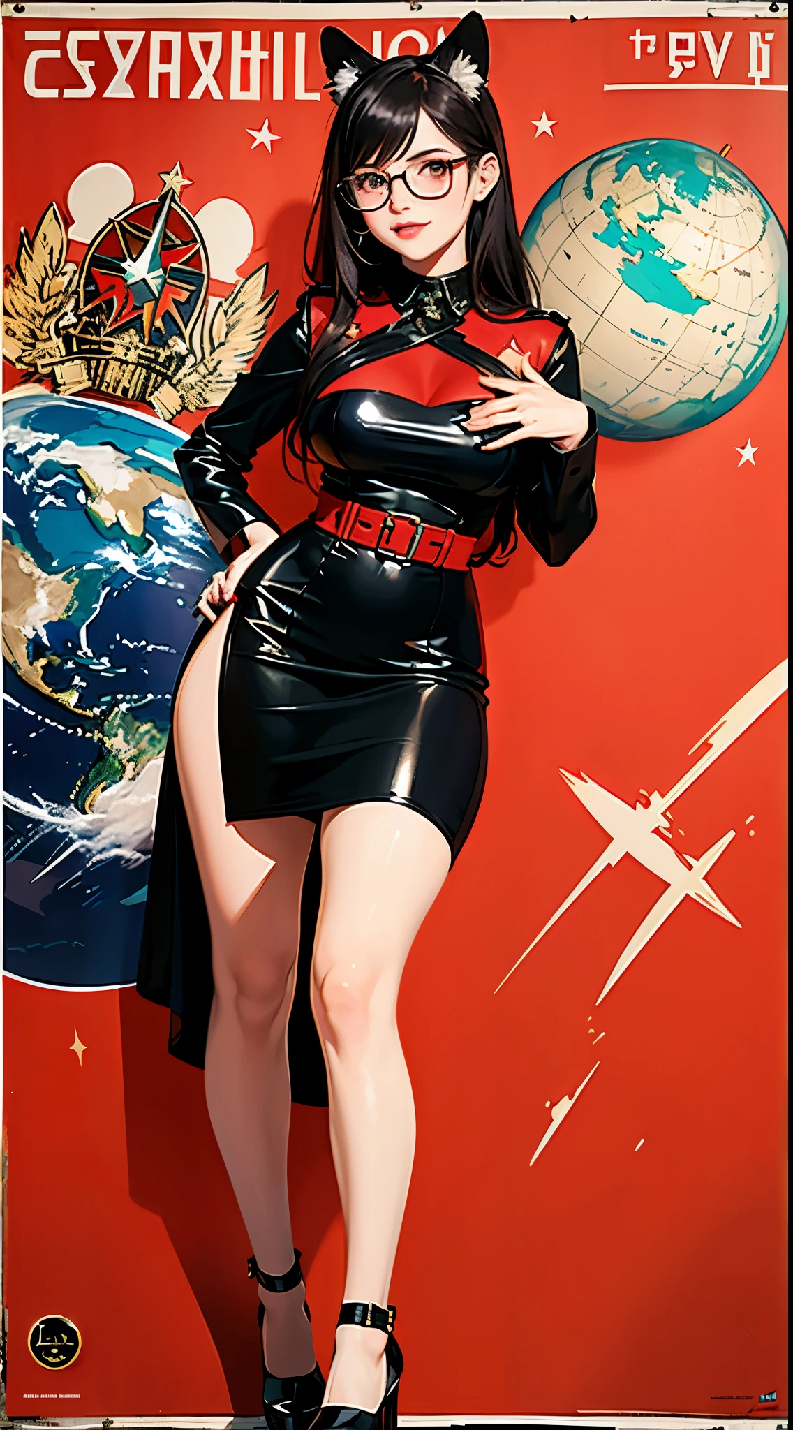 1girl,curvy_breasts, cute, beautiful detailed eyes, shiny hair, visible through hair, hairs between eyes, (Caucasian face, Europe face, eastern Europe girl), (USSR poster), (soviet poster), red monochrome, (soviet, communism, ((PROPAGANDA POSTER))), (black_hair), monster girl, cat girl, cat ears, cat tail, cat texture skin, smiling, (Red_eyes) , ((age)), (((furry))), good breasts, ((wearing black formal Business cloth dress)), shoes, glasses, ((the USSR red letters on the poster)), weightlessness, Side light, reflection, The person in the spacesuit is at the bottom left of the frame, The right hand is outstretched, Space station in the upper right corner of the screen, Reflected light from the sun, Silver metal, red flag, (USSR style), diffuse reflection, Metallic texture, ((alien planet background)), (pinup-girl, the sea of star on background), ((effect of old poster))
