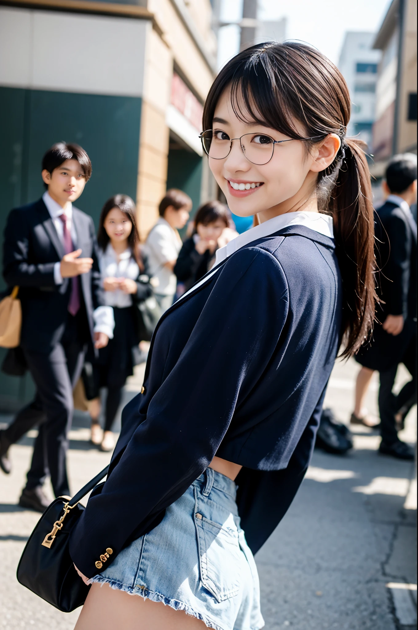 8K、Top image quality、masterpiece、夏天、Japan high school girl meets friends on her way to school。She smiled、Black-rimmed square glasses、blazers、a miniskirt、lowfers、sideshot