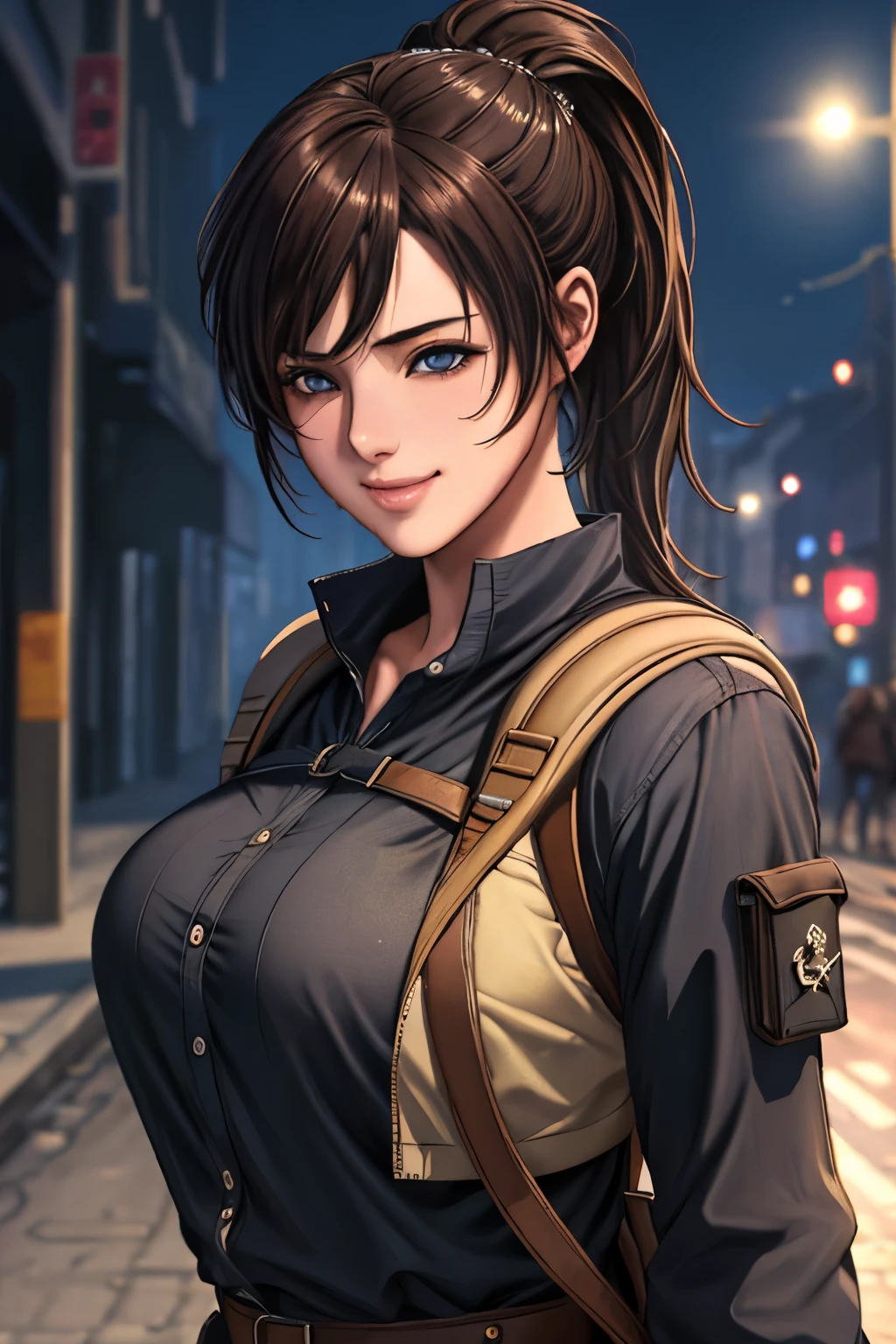fashion style, masterpiece, best quality, 8k, artstation, sharp focus, (ultrarealistic:1.5), (high details:1.4), raw photo of a young woman, street smiling, backpack, ponytails, faded, complex stuff around, intricate background, soaking wet, (Cinematic:1.4),