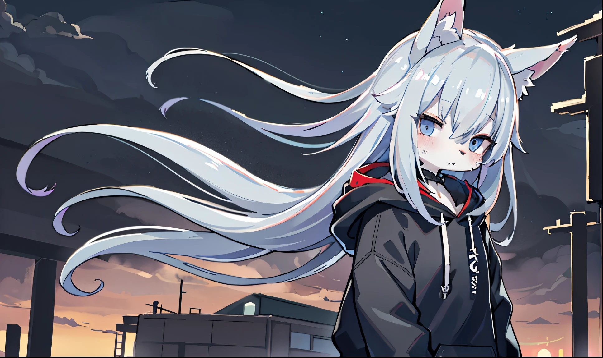 ((Best Quality)), Lonely、Floating in the air、Wearing a black hoodie、sleepy、painful、looked lonely、Long gray hair with furry ears.、eyes are very blue、wolf girl。the back is very black。The wind is blowing、Hair is fluttering back。