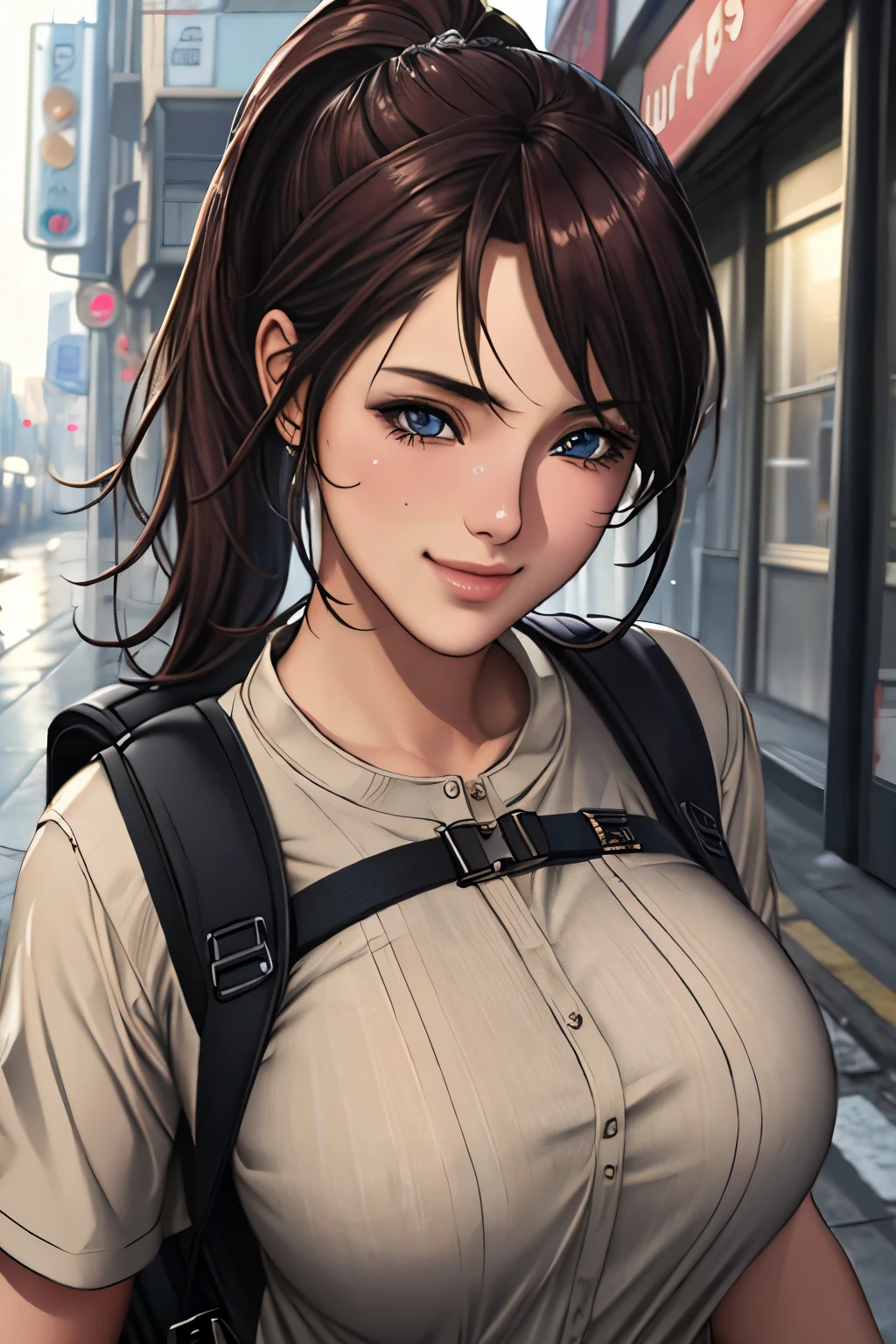 fashion style, masterpiece, best quality, 8k, artstation, sharp focus, (ultrarealistic:1.5), (high details:1.4), raw photo of a young woman, street smiling, backpack, ponytails, faded, complex stuff around, intricate background, soaking wet, (Cinematic:1.4),