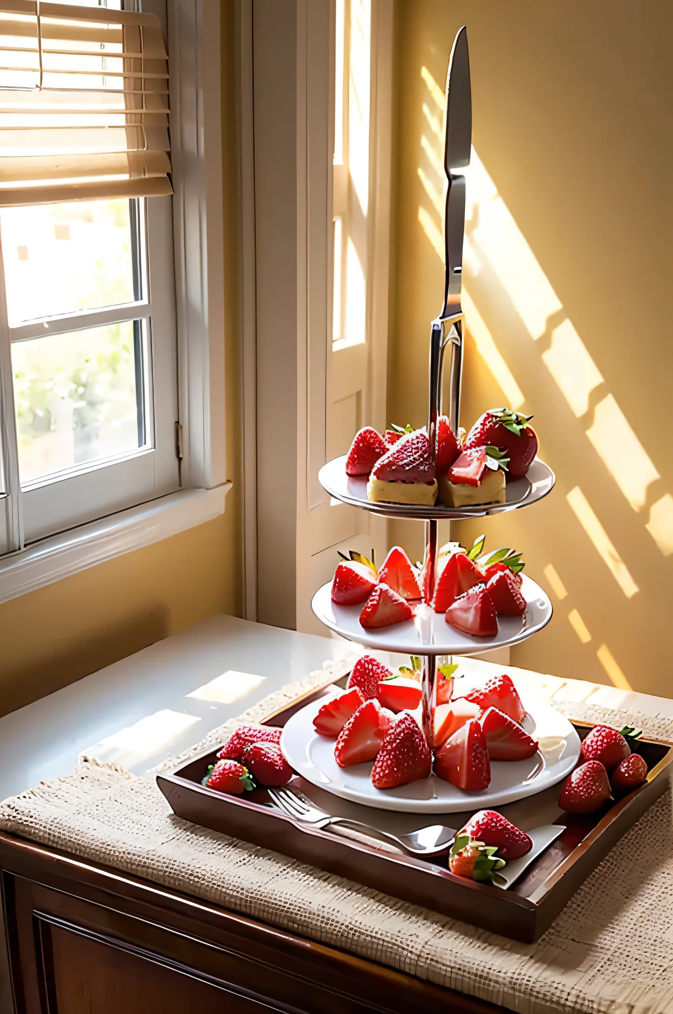 The sun shines through the window on the dessert，Strawberry dessert cake on tray，The sun shines，There is a knife and fork next to it，Sunnyday，There are a lot of strawberry fruits at the back