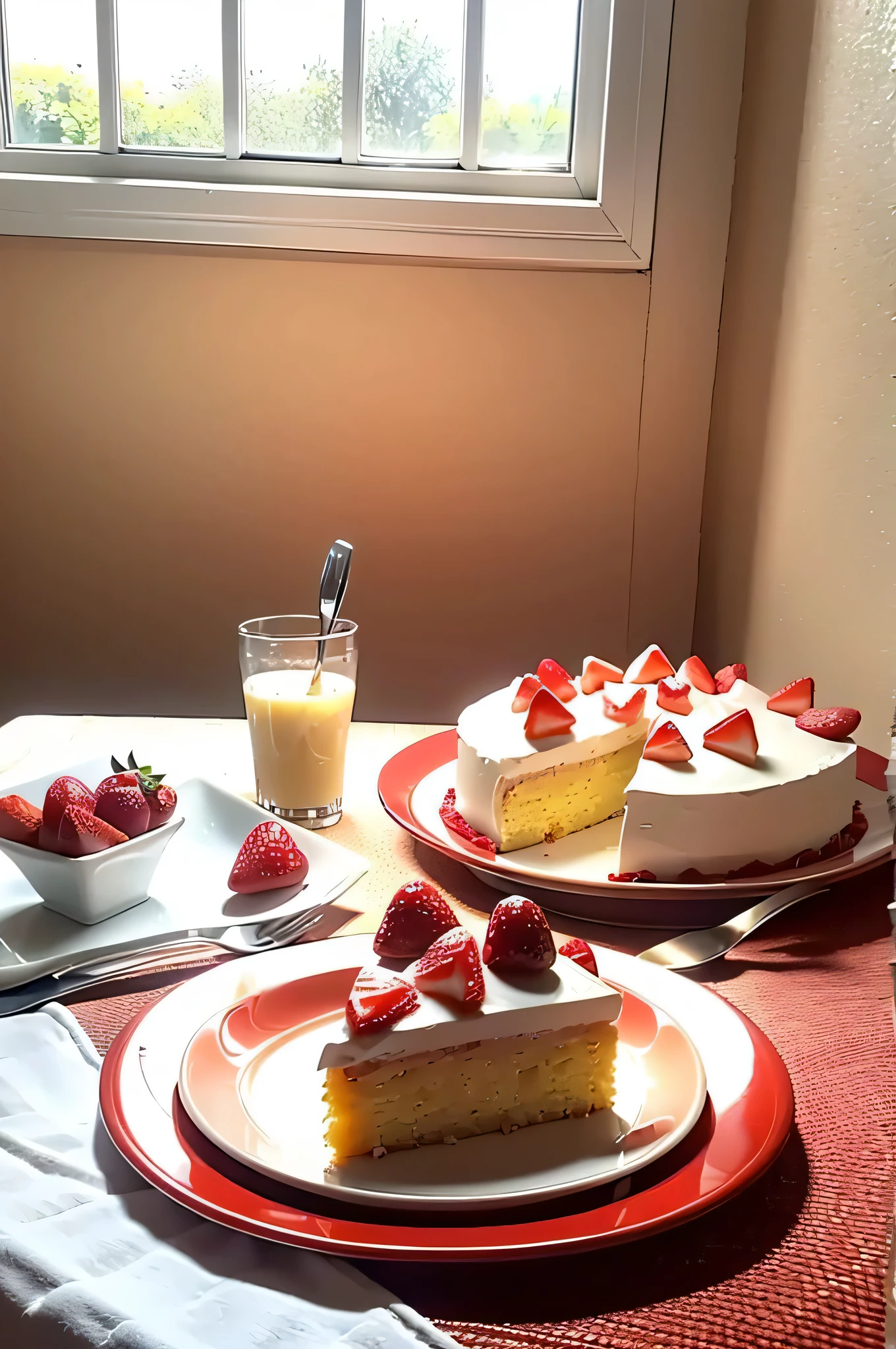 The sun shines through the window on the dessert,Strawberry dessert cake on tray,The sun shines,There is a knife and fork next to it,Sunnyday,There are a lot of strawberry fruits at the back