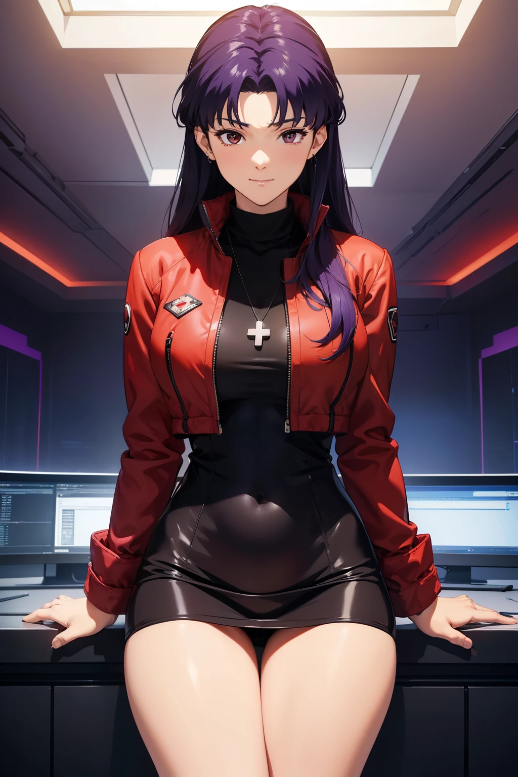 1womanl, attire: Black Bodycon,middlebreast、 short black tight dress, (((brown-eyed))), Purple hair, Medium Hair, a smile, cross necklace, tall, Slim body, (nffsw), (((Misato katsuragi))), NERV、Operation control room, (((Front view))), Looking at Viewer, Perfectly detailed face, fully detailed hands and fingers, Masterpiece 1.1, Trending on ArtStation, pixiv quality, (((fine art:chin))), Intricately detailed, ultra graphics, SFW version, (((Mature 1.1))), attire: jacker, Red jacket, Symmetrical face、