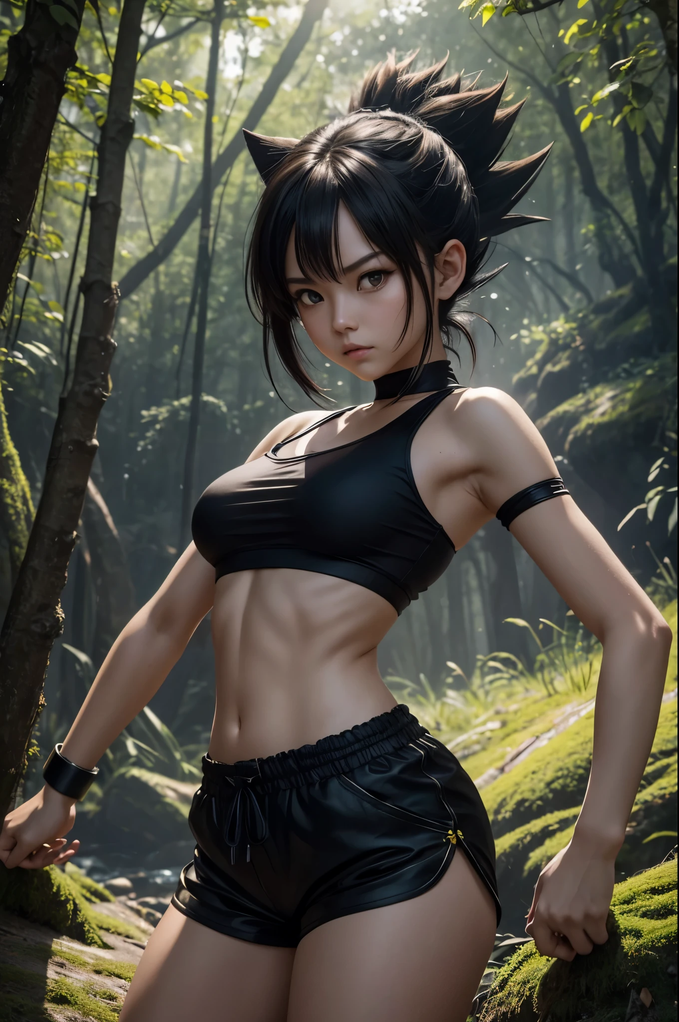 <lora:GoodHands-vanilla:1>,(masterpiece, best quality:1.2),intricate details,<lora:lol_akali-000012:1>,akali,1girl,crop top,pants,hair ribbon,bare shoulders,ponytail,tattoo,black hair,