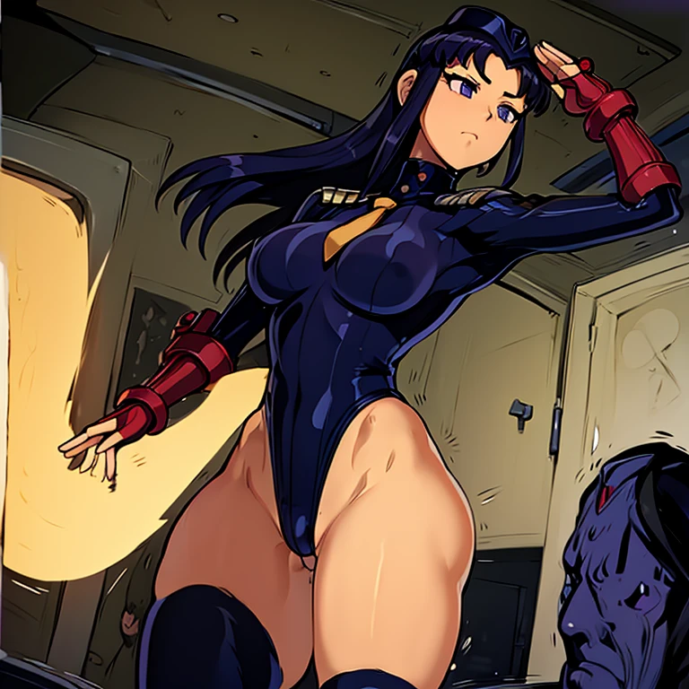 ultra-detailed, Explicit, Beautiful body, Beautiful Nose, Beautiful character design, perfect eyes, perfect face, ultra highres, 4K, beautiful legs, perfect legs, Nice hands, Perfect hand, Masterpiece, Best Quality, Highly detailed, illustration, absurdres, street fighter, doll suit, shadaloo doll, dollsuit, expressionless, blank eyes, looking at viewer, red gloves, emotionless, black latex, corrution, mind control, female combatant, full body, hypnotized, unhappy trance, full body suit, ribbed bodysuit, both arms at side, obey, perfect female body, extremely glossy latex, hypnosis, hypnoLora, empty eyes, Mind control device, poses, submissive_pose, Slave, hat, necktie, stand up straight, standing, standing at attention, hat, necktie, belt, latex, ribbed bodysuit, thighhighs, garter belt, Fighting Stance, extending the right arm from the shoulder into the air with a straightened hand, nazi saluting, military, military saluting, salute, thigh boots, 1girl, StarfireNSFW, blackfire, purple eyes,(black hair),long hair,