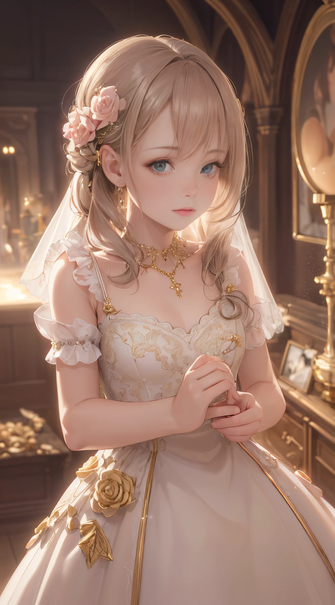 (Photorealista: 1.4), (masterpiece, side lights, beautiful finely detailed eyes: 1.2), masterpiece*sportrait, realist, 3D Face, Bright eye, Shiny hair, Shiny leather, Solo, glad, Closed very long wedding dresses(Petal pink dress), Dresses decorated with gold and precious stones、Celestial environment