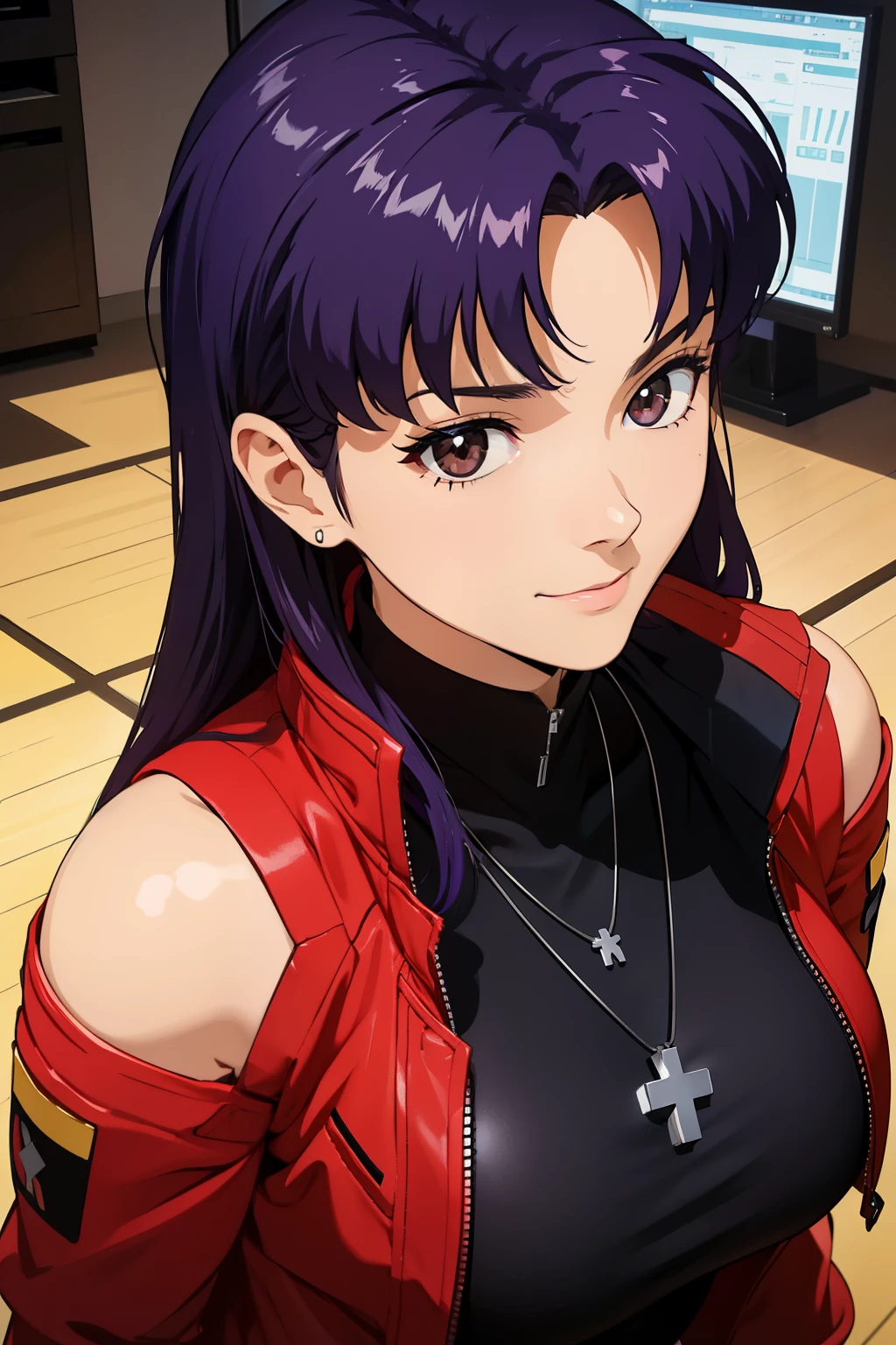 1womanl, attire: Black Bodycon,middlebreast、 short black tight dress, (((brown-eyed))), Purple hair, Medium Hair, a smile, cross necklace, tall, Slim body, (nffsw), (((Misato katsuragi))), NERV、Operation control room, (((Front view))), Looking at Viewer, Perfectly detailed face, fully detailed hands and fingers, Masterpiece 1.1, Trending on ArtStation, pixiv quality, (((fine art:chin))), Intricately detailed, ultra graphics, SFW version, (((Mature 1.1))), attire: jacker, Red jacket, Symmetrical face、