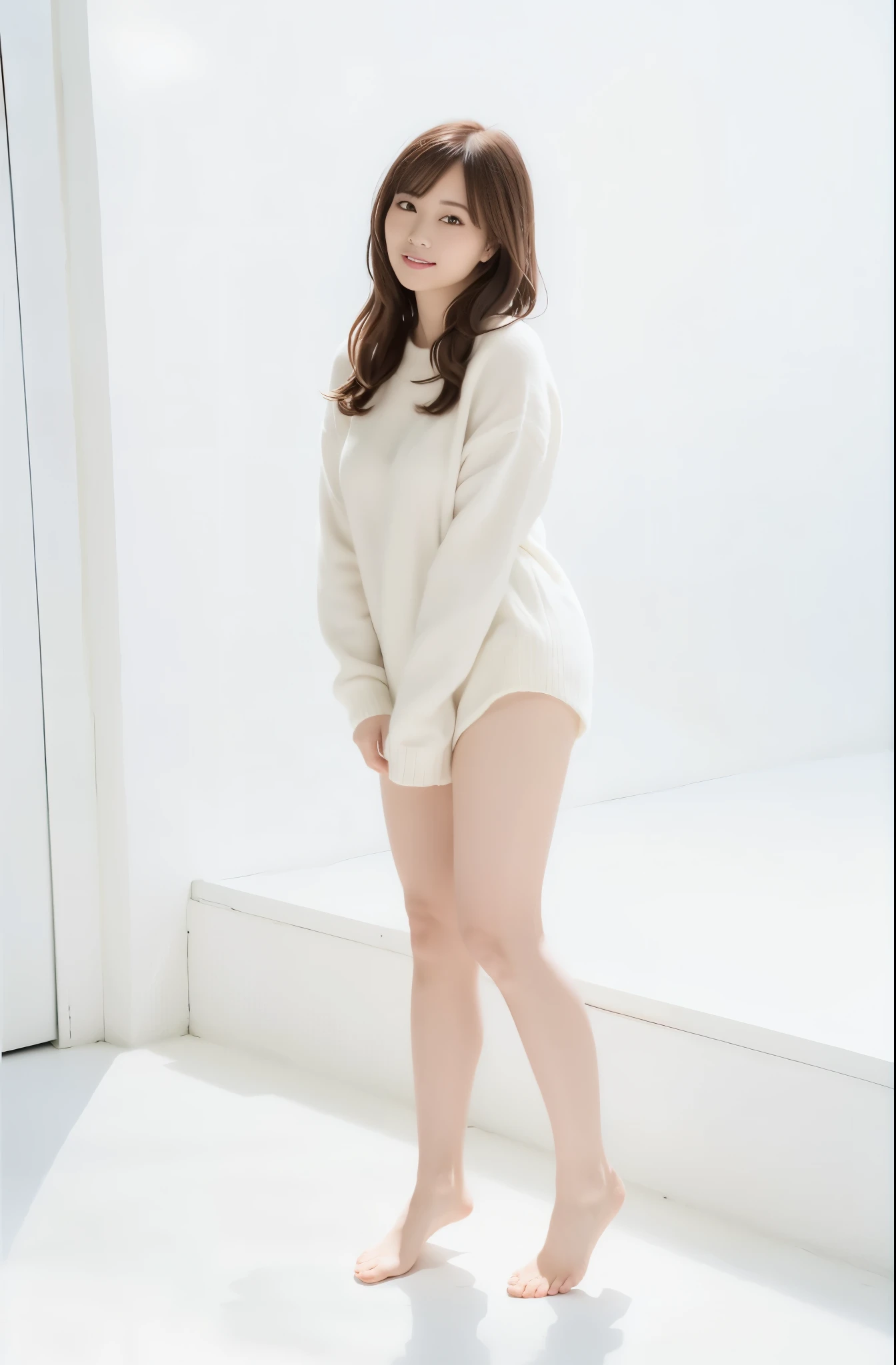 16k, ultra high res, best quality, high quality, masterpiece:1.3), (a professional photo of girl), RAW photo, realistic illustration, (ultra detailed eyes and face), (ultra detailed beautiful skin), (full body shot), elegant sleek smooth body, sultry body, perfect body, attractive body, photorealistic perfect body, Petite facial features, Super Detail Beautiful Natural Skin, natural makeup, (black hair), narrow waist, ((slender)), (wide hips), cleavage, (black hair), she is very sexy, she is cute and beautiful, skinny waist and thick hips, curvy figure, gorgeous swimsuit model, attractive body, curvy model, araffe asian woman in a white sweater and shorts standing in a room, pale fair skin!!, in white clothes, pale skin!, full body! pretty face, chiho, by Torii Kiyomoto, deayami kojima, ivory pale skin, ayami kojima amano, in white room, long thin legs, by Tadashi Nakayama