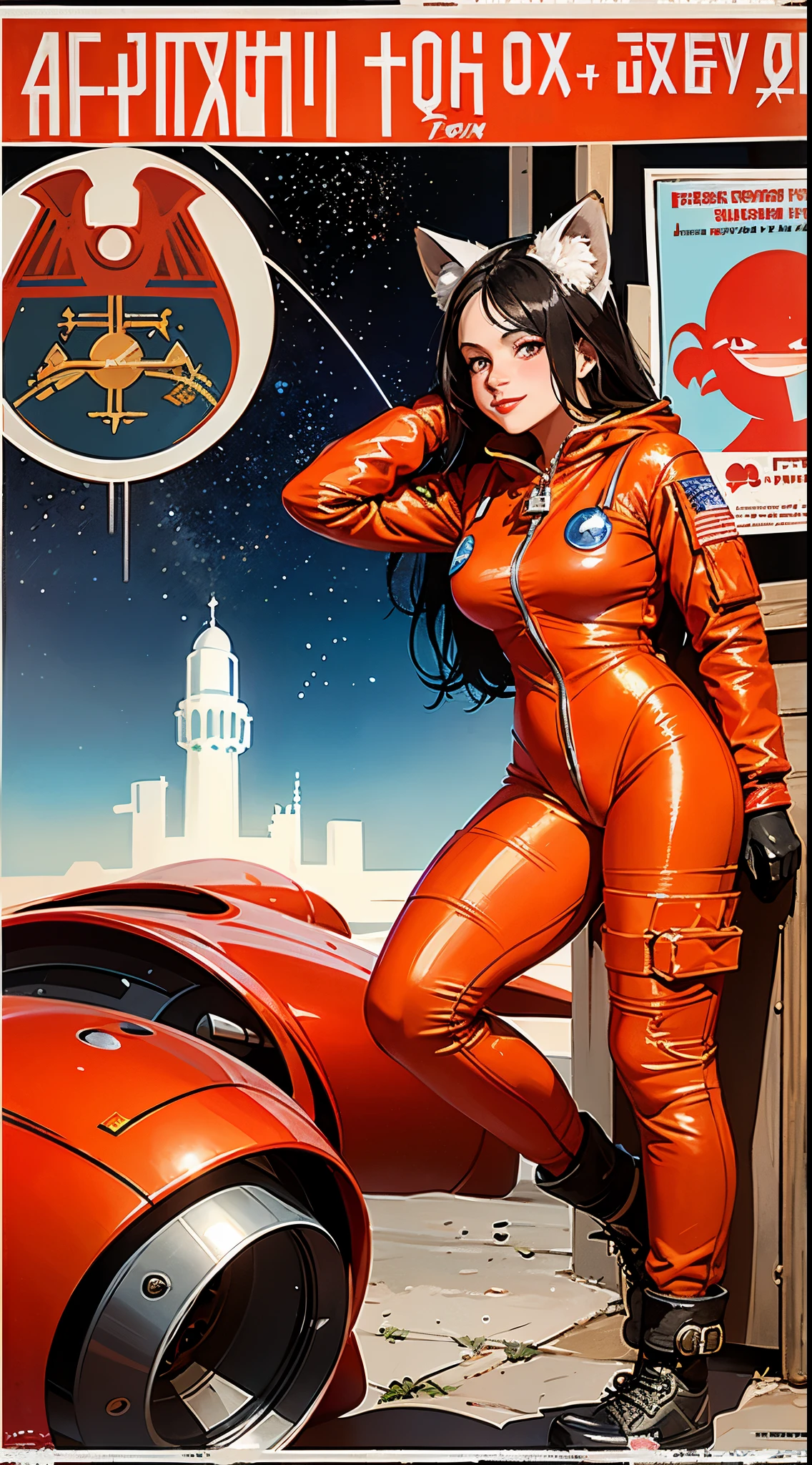 1girl,curvy_breasts, cute, beautiful detailed eyes, shiny hair, visible through hair, hairs between eyes, (Caucasian face, Europe face, eastern Europe girl), (USSR poster), (soviet poster), red monochrome, (soviet, communism, ((PROPAGANDA POSTER))), (black_hair), monster girl, cat girl, cat ears, cat tail, cat texture skin, smiling, (Red_eyes) , ((teenage)), (((furry))), good breasts, (wearing (orange spacesuit, gloves, shoes)), holding helmet, ((the USSR red letters on the poster)), weightlessness, Side light, reflection, The person in the spacesuit is at the bottom left of the frame, The right hand is outstretched, Space station in the upper right corner of the screen, Reflected light from the sun, Silver metal, red flag, (USSR style), diffuse reflection, Metallic texture, ((alien planet background)), (pinup-girl, the sea of star on background), ((effect of old poster))