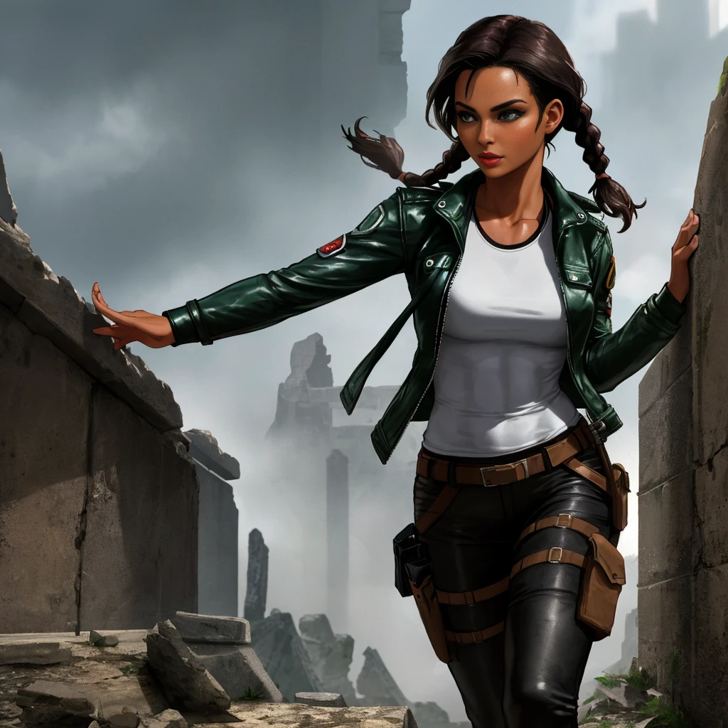 very beautiful Black woman 30 years old,photo realistic,Lara Croft character,detailed braids,exotic locations,ancient ruins,mysterious atmosphere,dynamic pose,leather jacket,green cargo micro,athletic physique