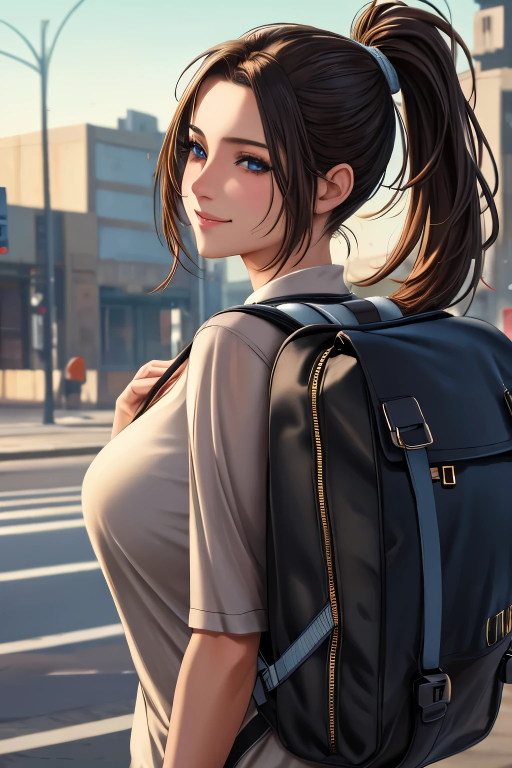 fashion style, masterpiece, best quality, 8k, artstation, sharp focus, (ultrarealistic:1.5), (high details:1.4), raw photo of a young woman, street smiling, backpack, ponytails, faded, complex stuff around, intricate background, soaking wet, (Cinematic:1.4),