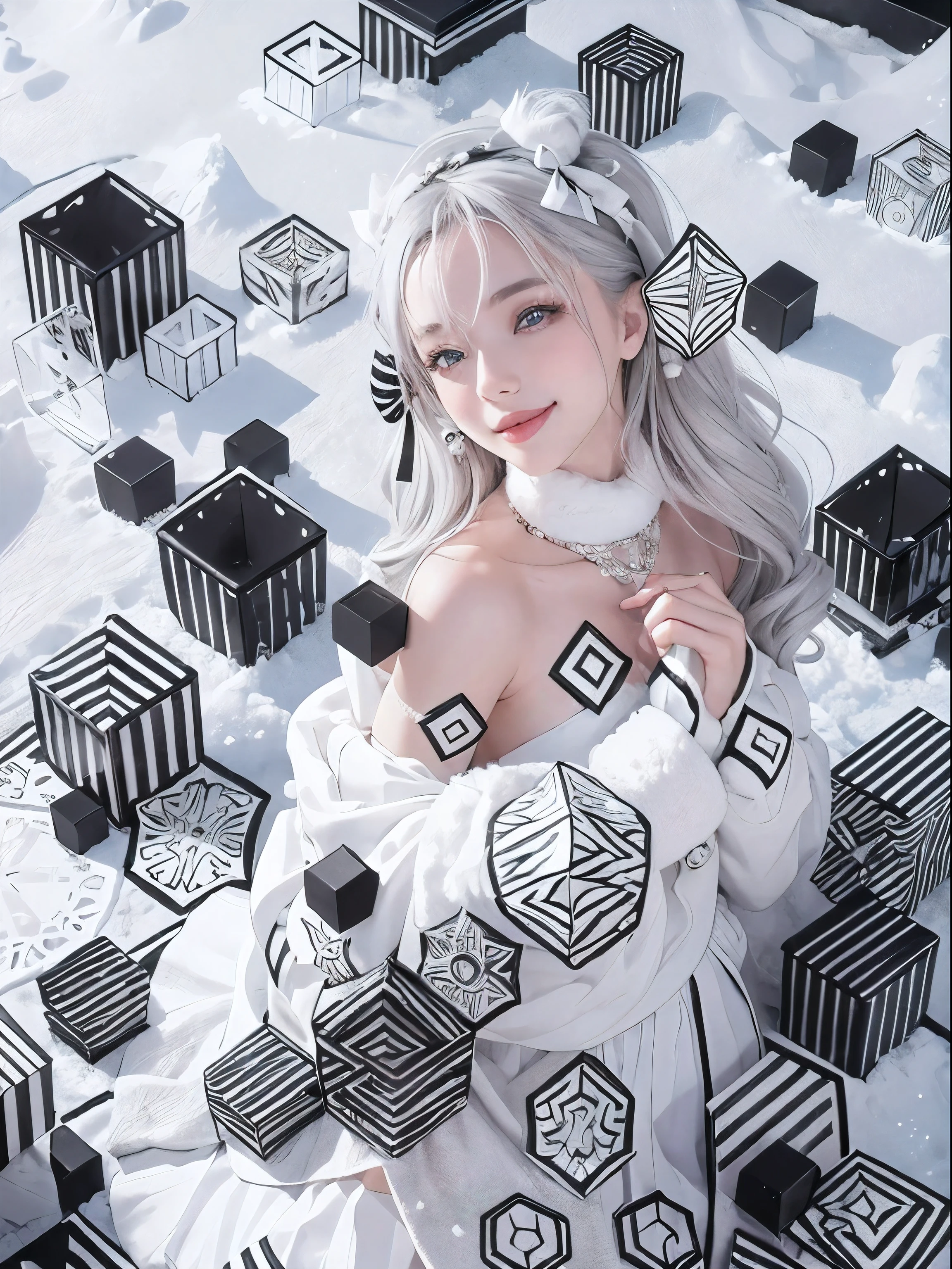 (Realistic:1.8), (Digital art:0.2), (Geometric art:1.7),(agpi official art, beautiful and aesthetic, ultra detailed, beautiful, masterpiece, best quality:1.6), (1girl:1.2), Detailed face, Detailed eyes, Detailed hair, young fingers, Detailed fingers, five fingerREAK cute ig model, Japanese cute model, 22 years old, Tightened all body, small head, small face, small mouth, diamond Face, small nose, Sharp Faceline, (dropy eyes, Double eyelid, Light color eyes, Glossy eyes, Shiny eyes:1.2), Shiny skin, shiny hair, (gray hair:1.2),
_
BREAK (happy, smile, Teeth, Glossy Lip:1.2),beautiful Teeth, (upper body:1.5), from side,
_
BREAK (BLACK and White theme:1.4), (Cute Christmas theme:1.2), (fluffy Santa hat with ribbon:1.2), (adorable BLACK and white candy cane-striped off-shoulder top:1.2), (short length White pleated skirt with subtle Polka dot pattern:1.2), (festive knee-high socks with small bows:1.2), (festive White and BLACK ankle boots:1.2), BREAK (sparkling snowfall background:1.2), (joyful expression:1.2), (holding a cute gift box with a big bow:1.2), (gentle snow breeze:1.2),