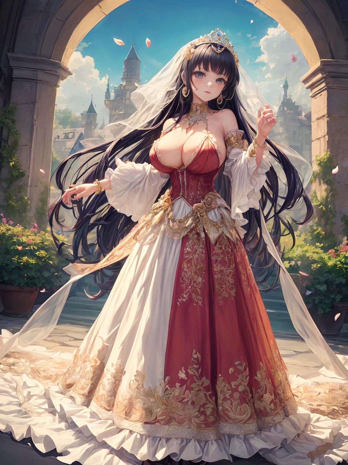 (masterpiece, best quality,extremely detailed,moe anime art style:1.2),1girl, (solo), cute, kawaii,digital art,((1 bling-bling anime princess wearing beautiful embroidery and jeweled gorgeous princess ballgown with voluminous full length hoop skirt but it doesn't cover her breasts)),((crinoline)),long train,voluminous frills,(gorgeous embroidery and beautiful lace),(very gigantic boobs, boobs visible, nipples visible protruding,skindentation),((shiny hair,absurdly voluminous straight hair,absurdly Long Hair)),(finely detailed face and eye),clear pupil,(bling-bling extremely gorgeousfull jeweled tiara),((bling-bling gorgeous gemstone jewelry)),long veil,((standing in beautiful garden)),flowers,flower petals flowing,standing pose,(dynamic angle),((beautiful embroidery and jeweled gorgeous princess ballgown with voluminous full length hoop skirt and does not cover the breasts))