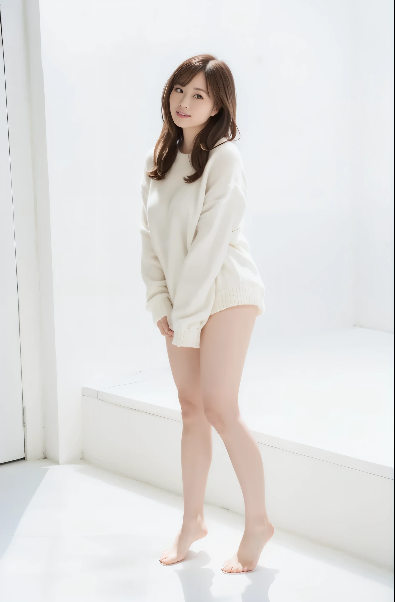 16k, ultra high res, best quality, high quality, masterpiece:1.3), (a professional photo of girl), RAW photo, realistic illustration, (ultra detailed eyes and face), (ultra detailed beautiful skin), (full body shot), elegant sleek smooth body, sultry body, perfect body, attractive body, photorealistic perfect body, Petite facial features, Super Detail Beautiful Natural Skin, natural makeup, (black hair), narrow waist, ((slender)), (wide hips), cleavage, (black hair), she is very sexy, she is cute and beautiful, skinny waist and thick hips, curvy figure, gorgeous swimsuit model, attractive body, curvy model, araffe asian woman in a white sweater and shorts standing in a room, pale fair skin!!, in white clothes, pale skin!, full body! pretty face, chiho, by Torii Kiyomoto, deayami kojima, ivory pale skin, ayami kojima amano, in white room, long thin legs, by Tadashi Nakayama