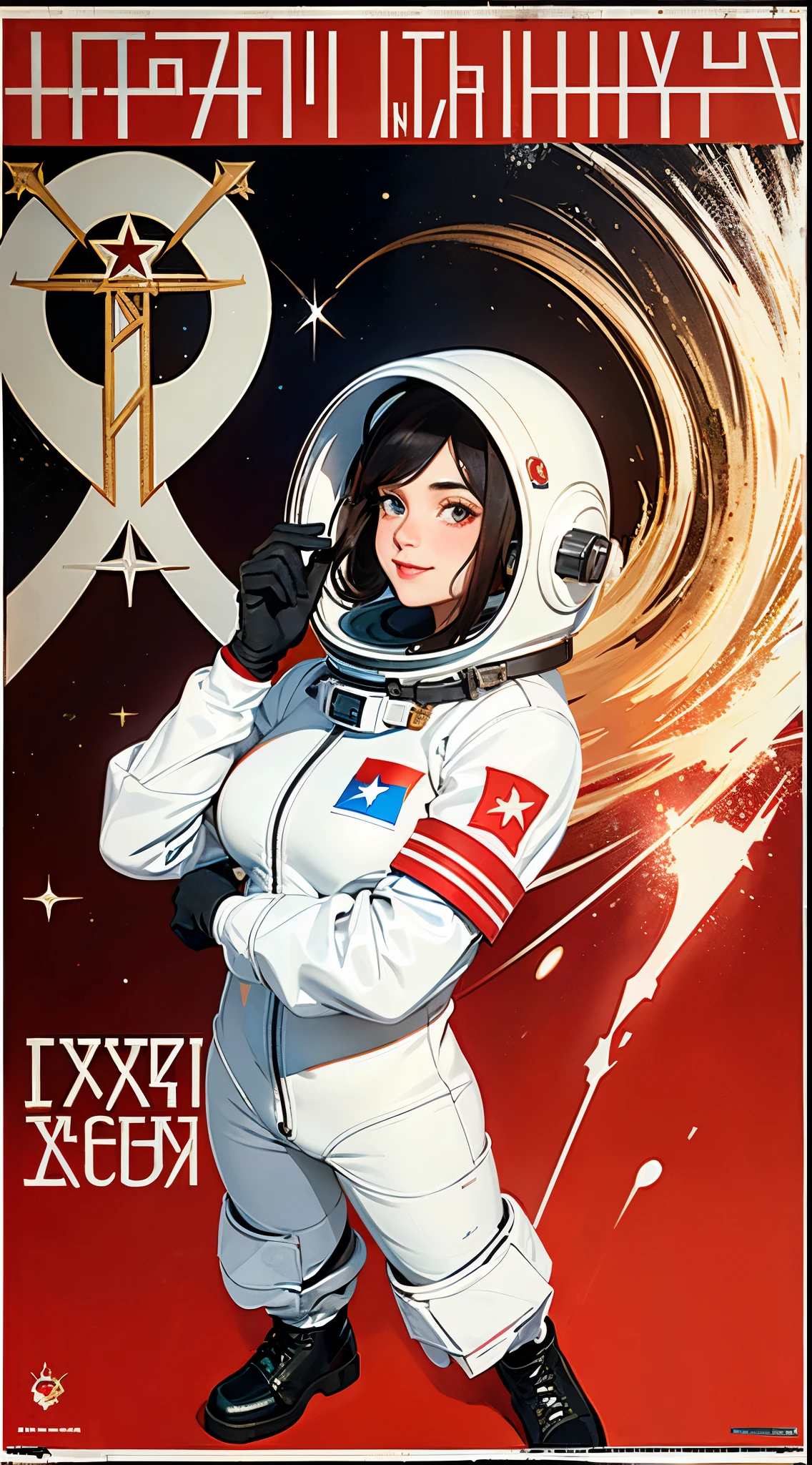 1girl,curvy_breasts, cute, beautiful detailed eyes, shiny hair, visible through hair, hairs between eyes, (Caucasian face, Europe face, eastern Europe girl), (USSR poster:1.5), (soviet poster), red monochrome, (soviet, communism, ((PROPAGANDA POSTER))), (black_hair), monster girl, cat girl, cat ears, cat tail, cat texture skin, smiling, (Red_eyes) , ((teenage)), (((furry))), good breasts, (wearing white (spacesuit, gloves, shoes)), holding helmet, ((the USSR red letters on the poster)), weightlessness, Side light, reflection, The person in the spacesuit is at the bottom left of the frame, The right hand is outstretched, Space station in the upper right corner of the screen, Reflected light from the sun, Silver metal, red flag, (USSR style), diffuse reflection, Metallic texture, ((alien planet background)), (pinup-girl, the sea of star on background), ((effect of old poster))