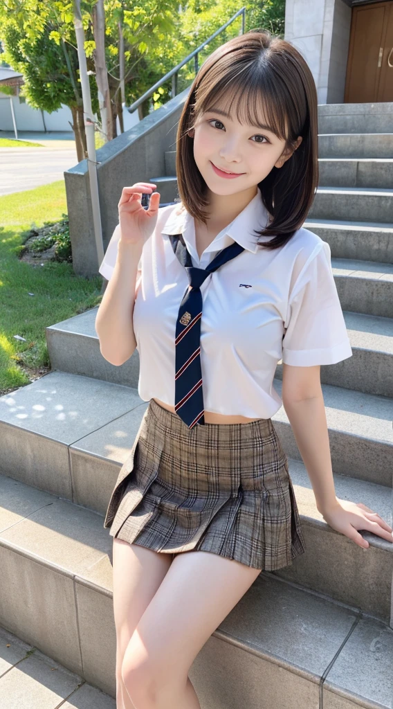 ((1womanl、FULL BODYSHOT、Photograph everything about her、perfect anatomia))、(low angles)、(Look up at her from below)、Black eyes、Korean School Uniform、Summer School Uniform Shirts、Ribbon tie、Plaid mini skirt、Light brown hair、stairs at school、stairs at schoolをかけ下りる、Chest thrusting pose、Pose to show off your breasts、8K RAW Photos、hight resolution、-yeld coKorean、very round chest、beautiful eyes finely detailed、long eyeslashes、Beautiful double eyelids、eyeshadows、eye line、Slender eyes、elongated eye shape、Sanpaku eyes、evil smile、Evil look、beautiful and very thin legs、beautiful and very thin thighs,、random short medium hair、Tie your hair behind your head、耳环、((Stretch one leg forward))、white school socks、Brown loafers