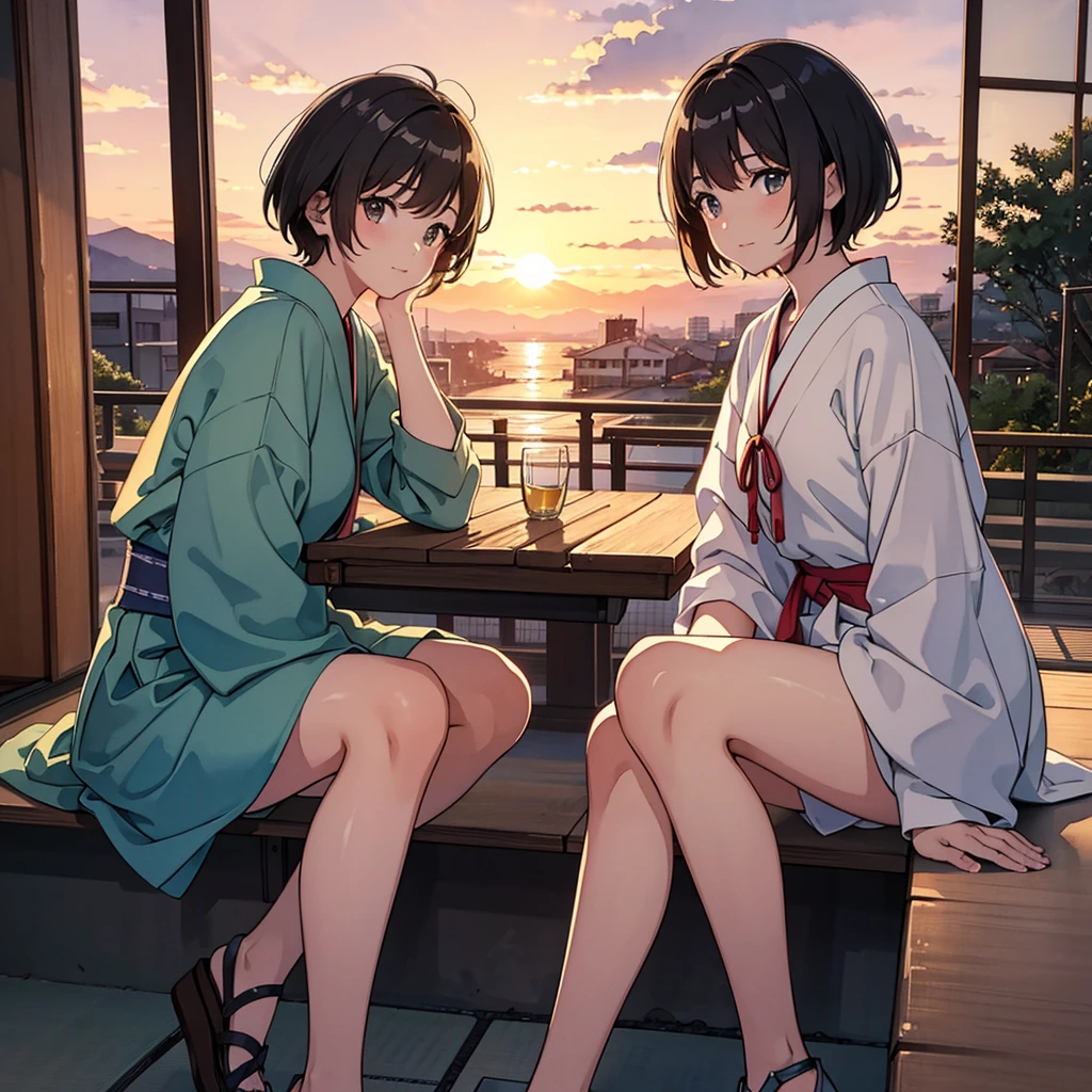 Masterpiece, (8K, raw photo, highest quality), (simple, light watercolor), 1 cute girl, Japanese, very short hair, (sunset: 1.2), (sitting: 1.0), (slight smile: 0.7), (Reinforced concrete school stairs: 1.0), (knee up: 1.25), (make: 0.1)
