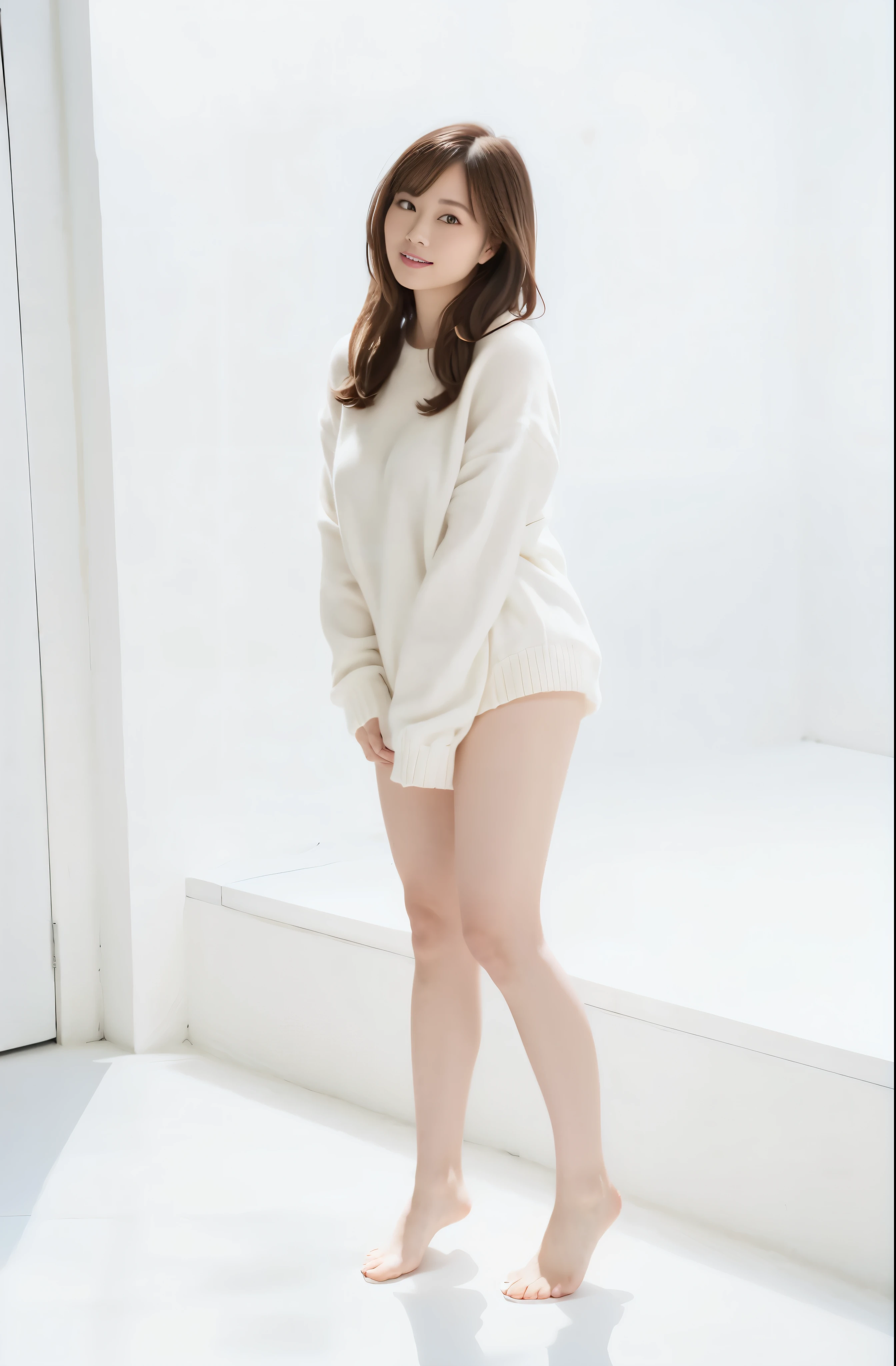 16k, ultra high res, best quality, high quality, masterpiece:1.3), (a professional photo of girl), RAW photo, realistic illustration, (ultra detailed eyes and face), (ultra detailed beautiful skin), (full body shot), elegant sleek smooth body, sultry body, perfect body, attractive body, photorealistic perfect body, Petite facial features, Super Detail Beautiful Natural Skin, natural makeup, (black hair), narrow waist, ((slender)), (wide hips), cleavage, (black hair), she is very sexy, she is cute and beautiful, skinny waist and thick hips, curvy figure, gorgeous swimsuit model, attractive body, curvy model, araffe asian woman in a white sweater and shorts standing in a room, pale fair skin!!, in white clothes, pale skin!, full body! pretty face, chiho, by Torii Kiyomoto, deayami kojima, ivory pale skin, ayami kojima amano, in white room, long thin legs, by Tadashi Nakayama