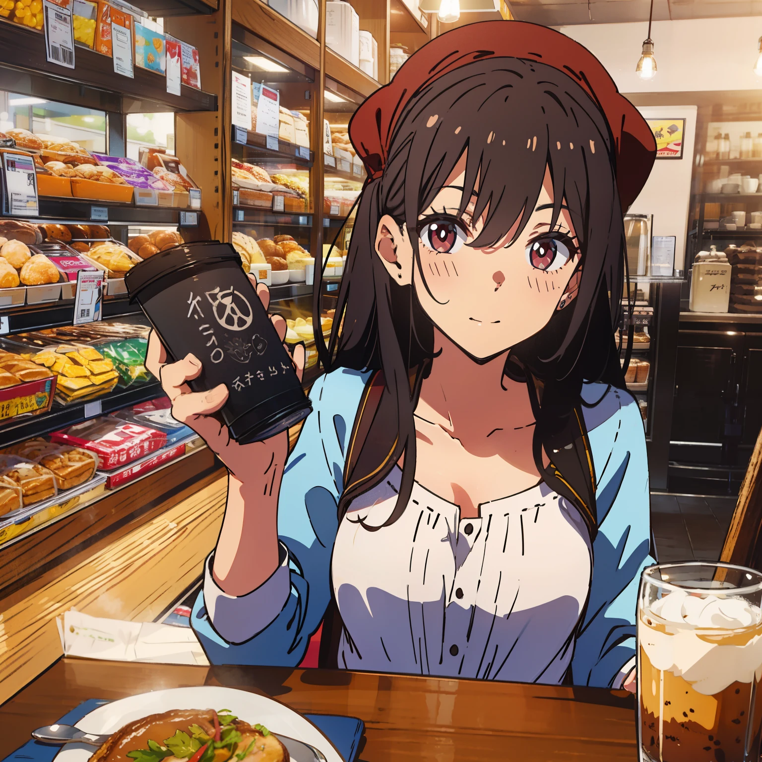 Best quality at best, A high resolution, Anatomically correct, super detailing，cafe shop，one-girl，face flushed，Slightly drunk，Coffee on hand