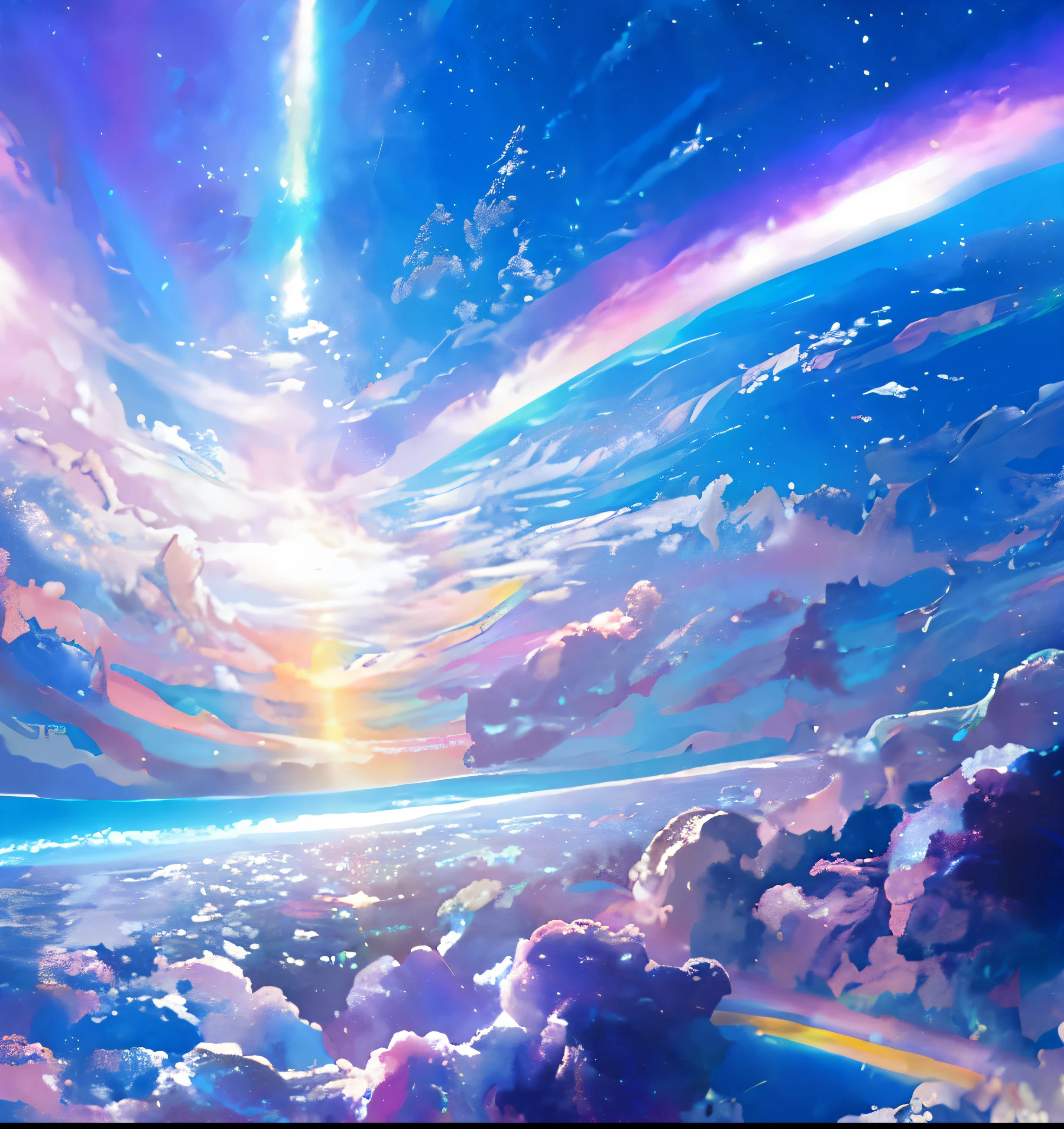 Iridescent sky,Painting clouds and rainbows, very colorful heavenly, Elegant rainbow rain cloud, Bright rainbow rain clouds, iridescent clouds, heavenly colors, on cosmic cloudscape, Sunny rainbow galaxy rough sea, Rainbow clouds, ethereal rainbows, iridescent clouds, 坐on cosmic cloudscape, Iridescent sky,The background is the stars in the sky, heavenly atmosphere