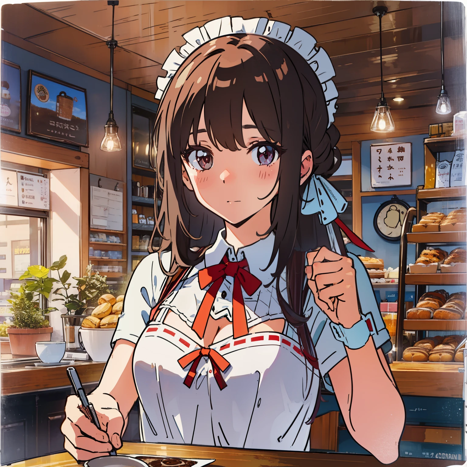 Best quality at best, A high resolution, Anatomically correct, super detailing，cafe shop，one-girl，face flushed，Slightly drunk，Coffee on hand