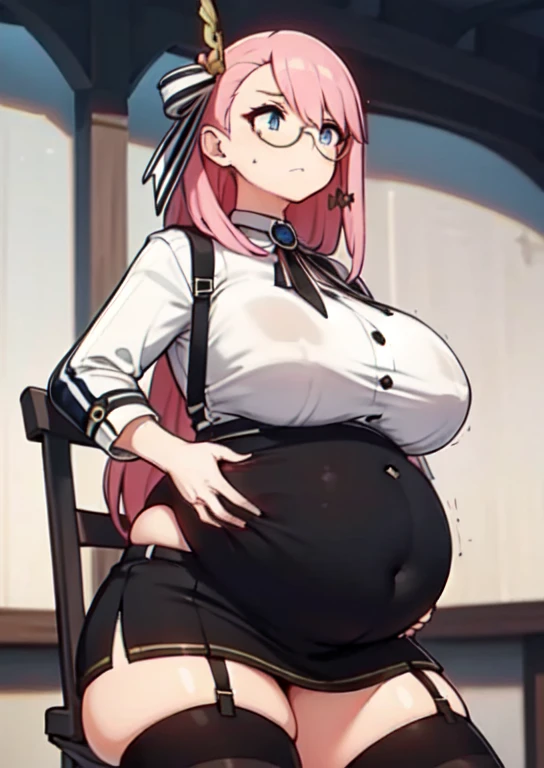 (masterpiece, best quality), 1girls, big belly, blurry background, huge belly, art by kipteitei, round belly, chubby, curvy, white button-up shirt, skirt, thighhighs, simple_background, gradient_background, belly bursting out of shirt, belly grab, enormous belly, fat belly, thicc, bigger belly, sitting on chair, really big belly, jiggly belly, shirt covering belly, belly cover by shirt, glasses