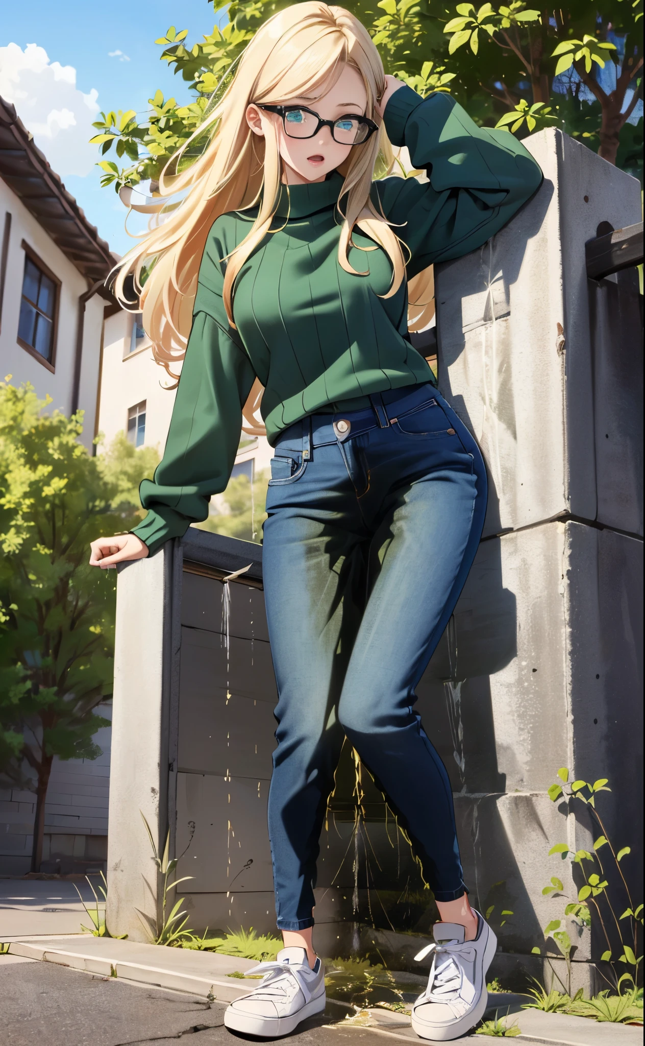masterpiece, extremery magnificent view, perspective, extremery best quality, extremery detailed CG, 8k wallpaper, ultra high resolution, highly detailed face, highly detailed eyes, perfect anatomy, super detailed skin, not safe for work,
(dynamic angle, dynamic pose:1.2), outdoors, rural town, (portrait, legs focus, full body shot), (beautiful face, beautiful eyes, beautiful legs:1.3), (((peeing self:1.8))),
1girl, 20-year-old, European woman, (blonde hair:1.2), straight hair, bra length hair, forehead, blue eyes, black framed glasses, blush, worried, open mouth, large breast (green sweater:1.4), skinny, wide hips, thin waist, (skinny jeans:1.4, medium blue jeans:1.4), (white sneakers:1.4)