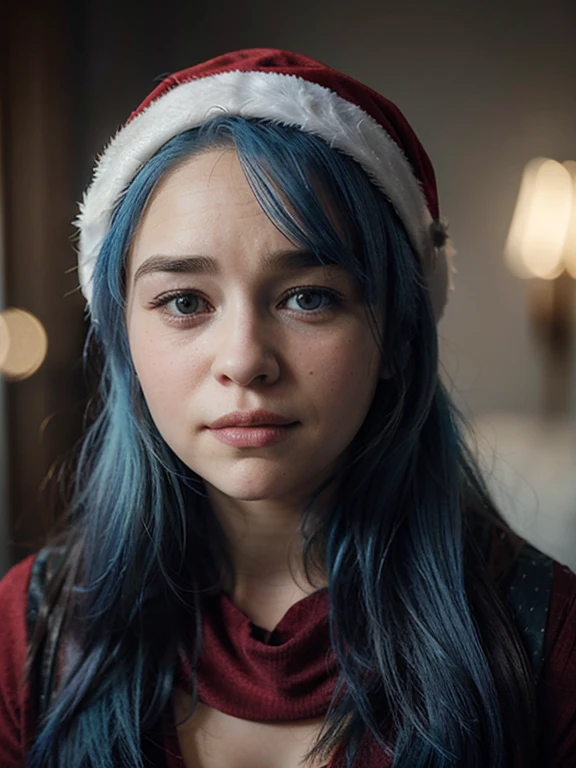 Please make an image of a 21 years old woman in christmas clothes with blue hair and make her face look like emilia clarke